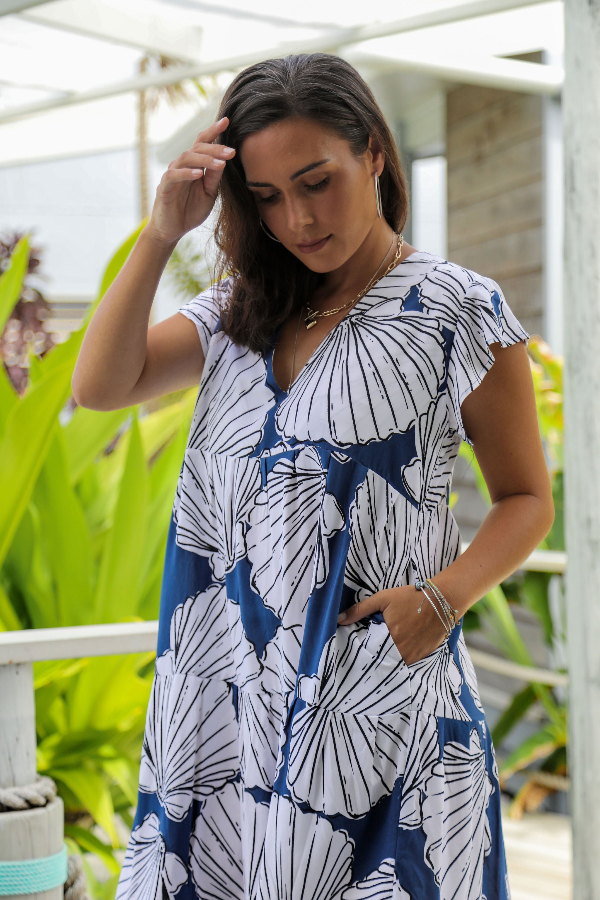 Navy Shell Tia V Neck Dress