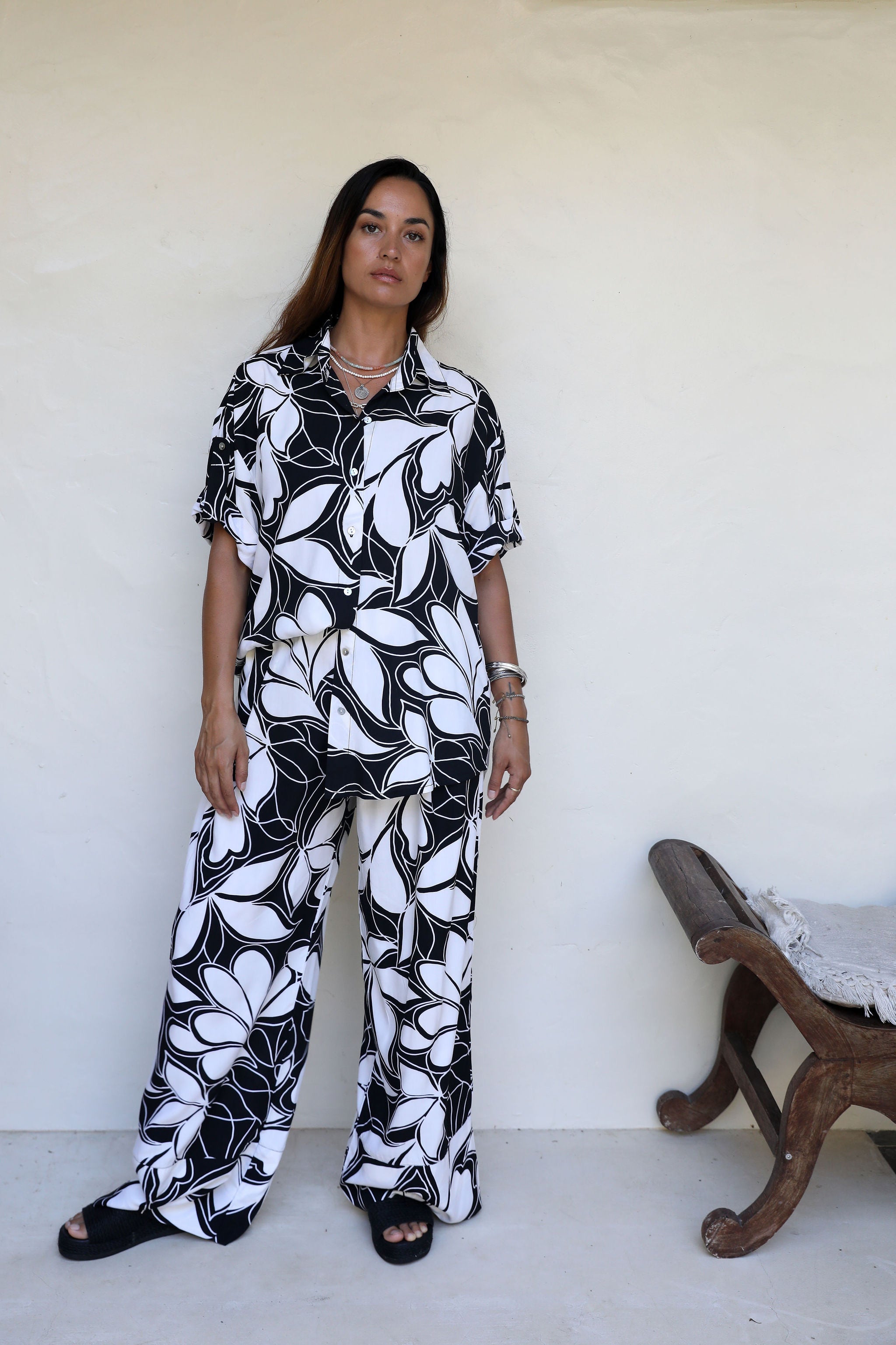 Black and Sand Floating Leaf Scarlett Shirt