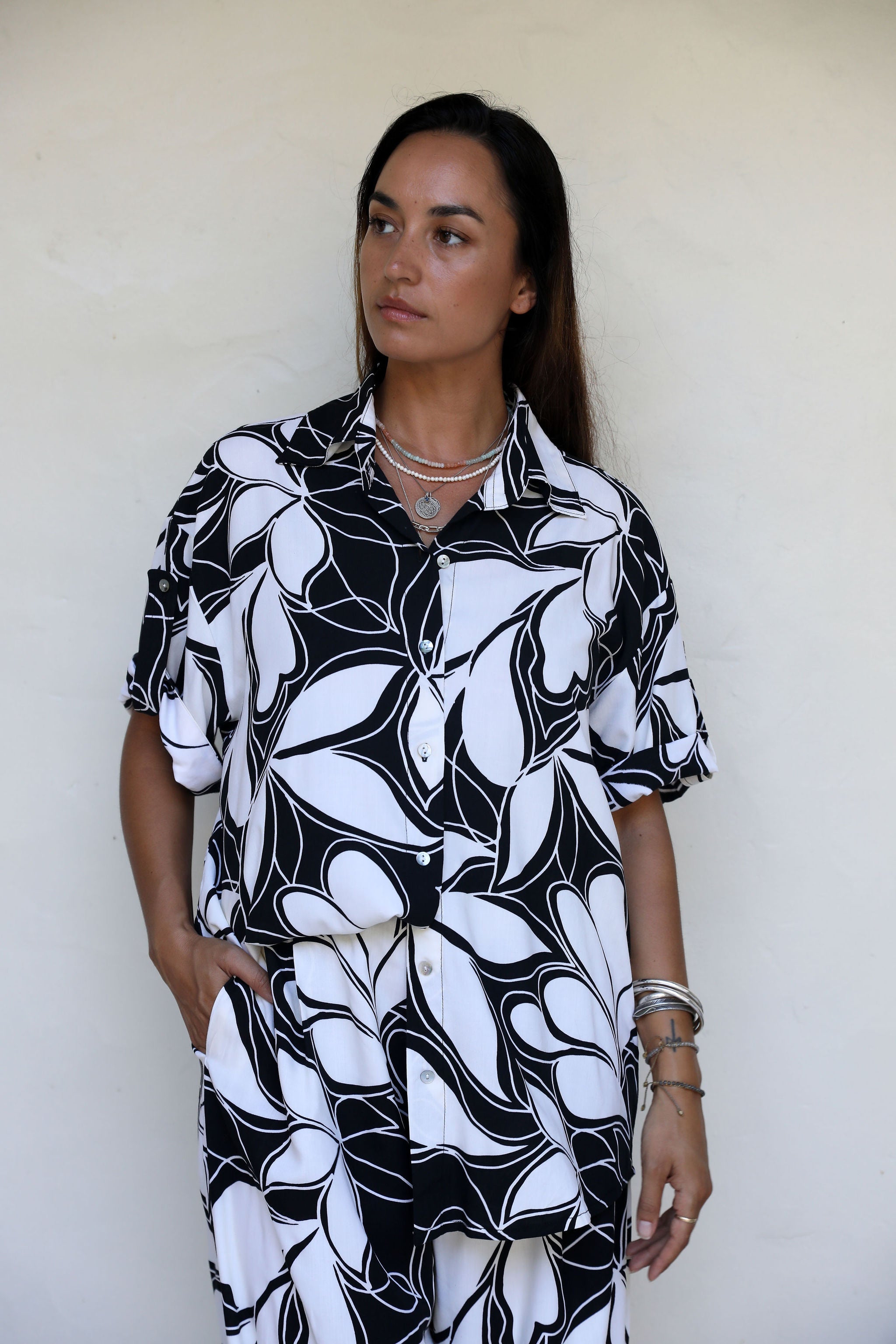 Black and Sand Floating Leaf Scarlett Shirt