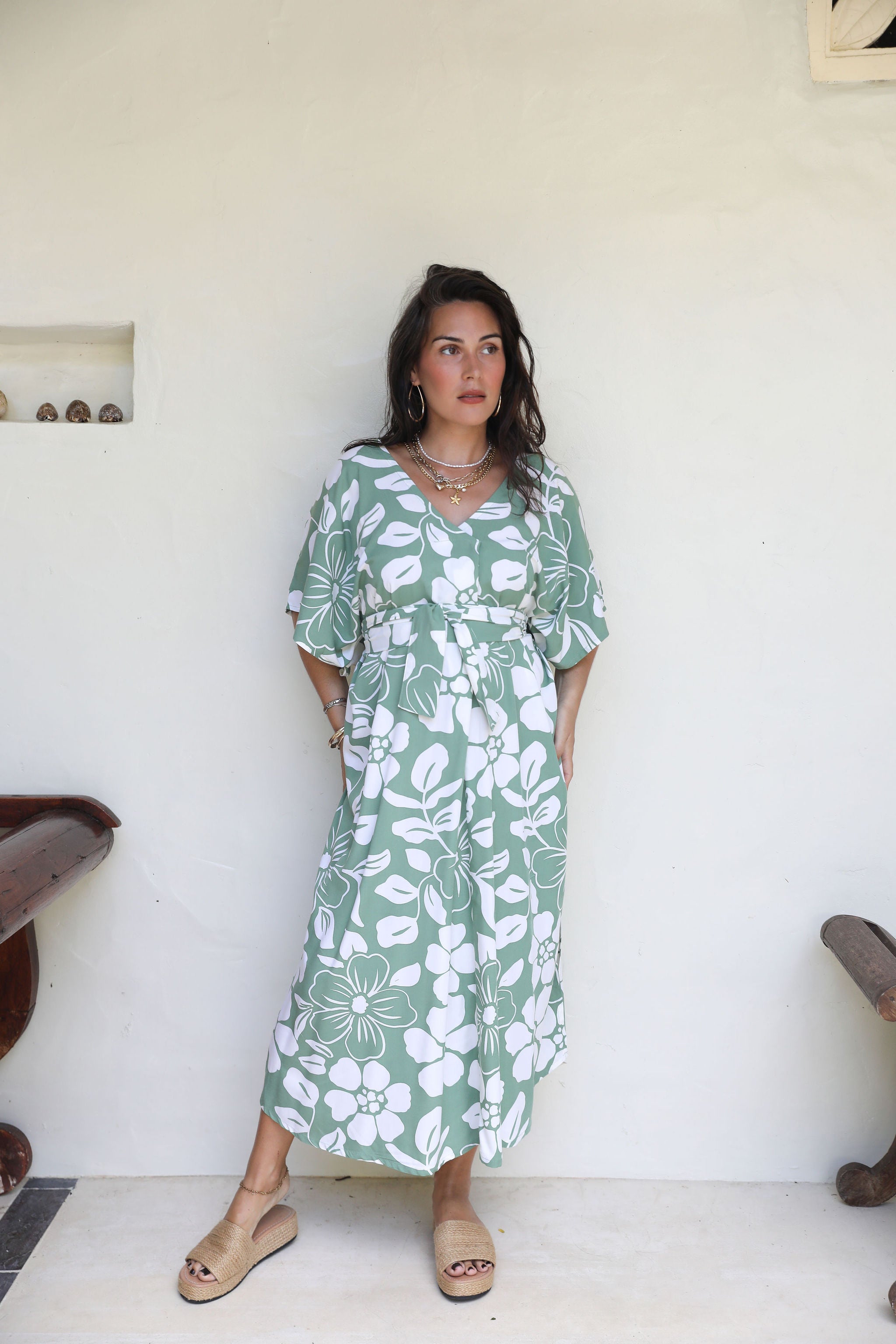 Khaki Te Ana Hibiscus Mana Kaftan