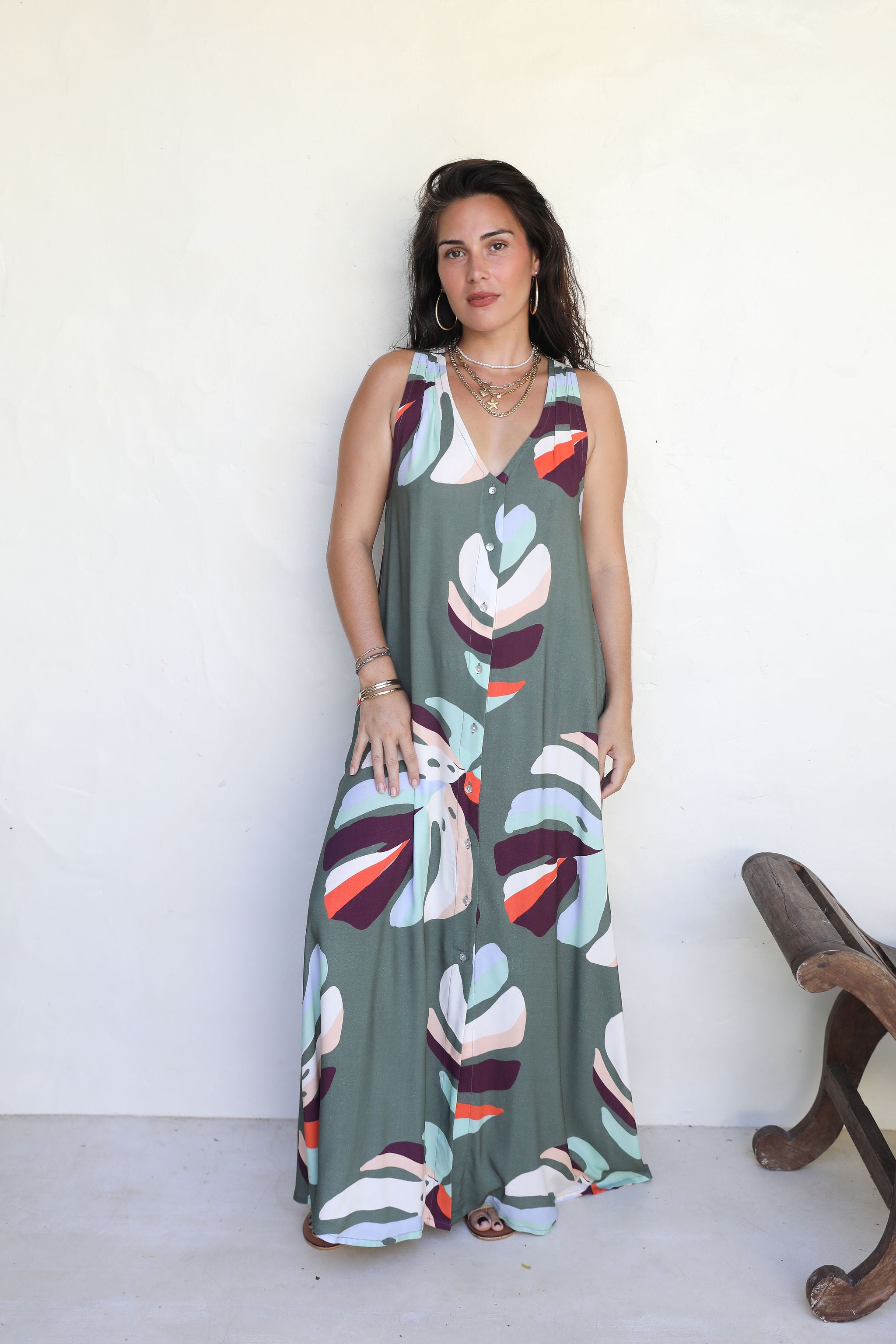 Khaki Te Au Monstera Tara Button Front Maxi Dress