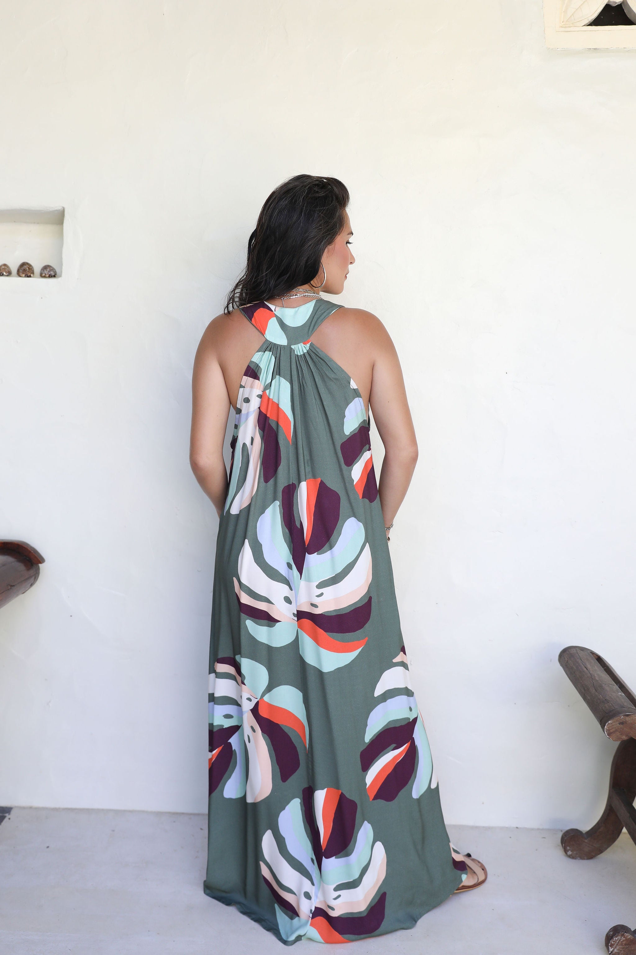 Khaki Te Au Monstera Tara Button Front Maxi Dress
