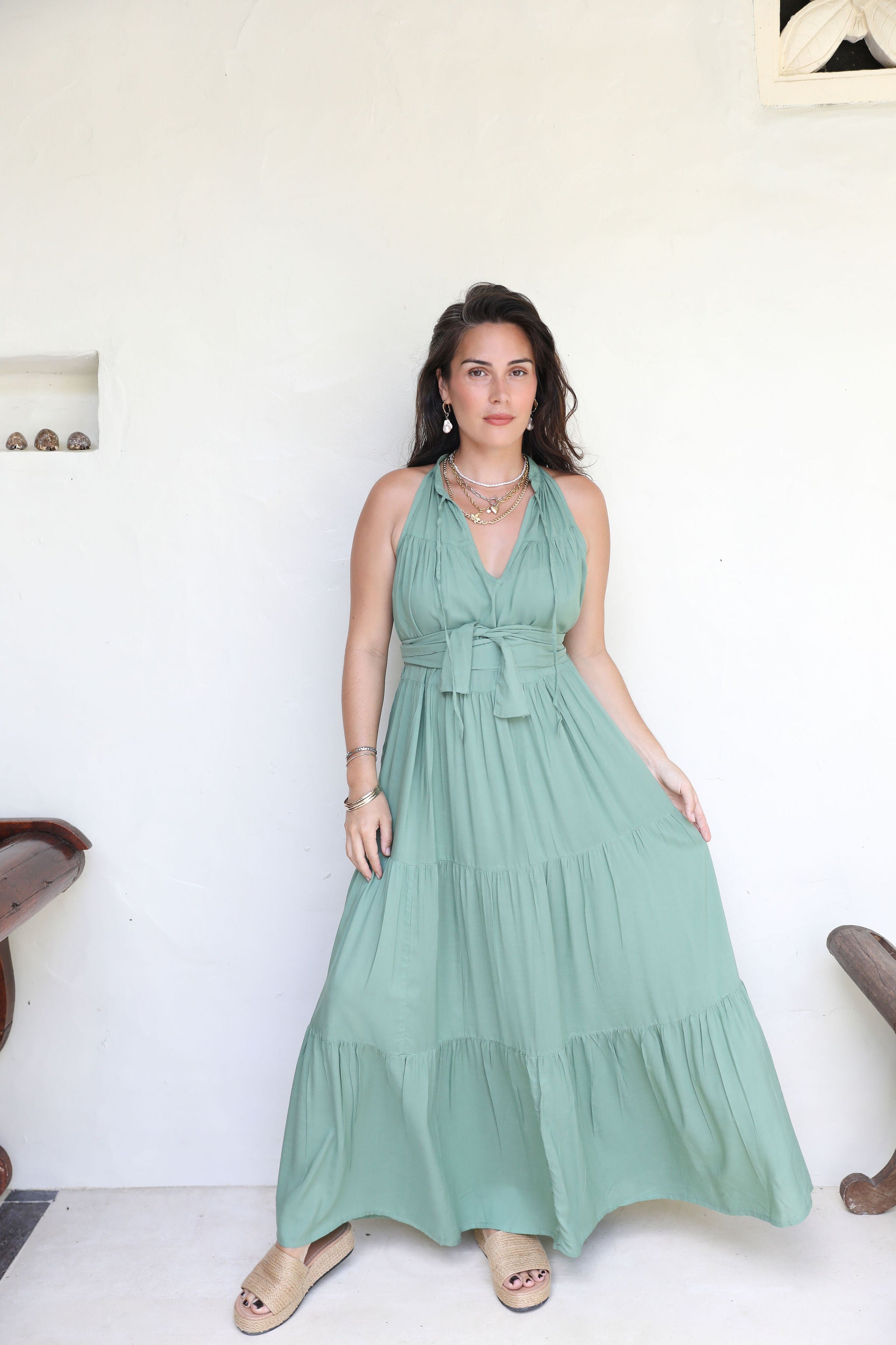 Palm Green Long Tiered Maxi Dress