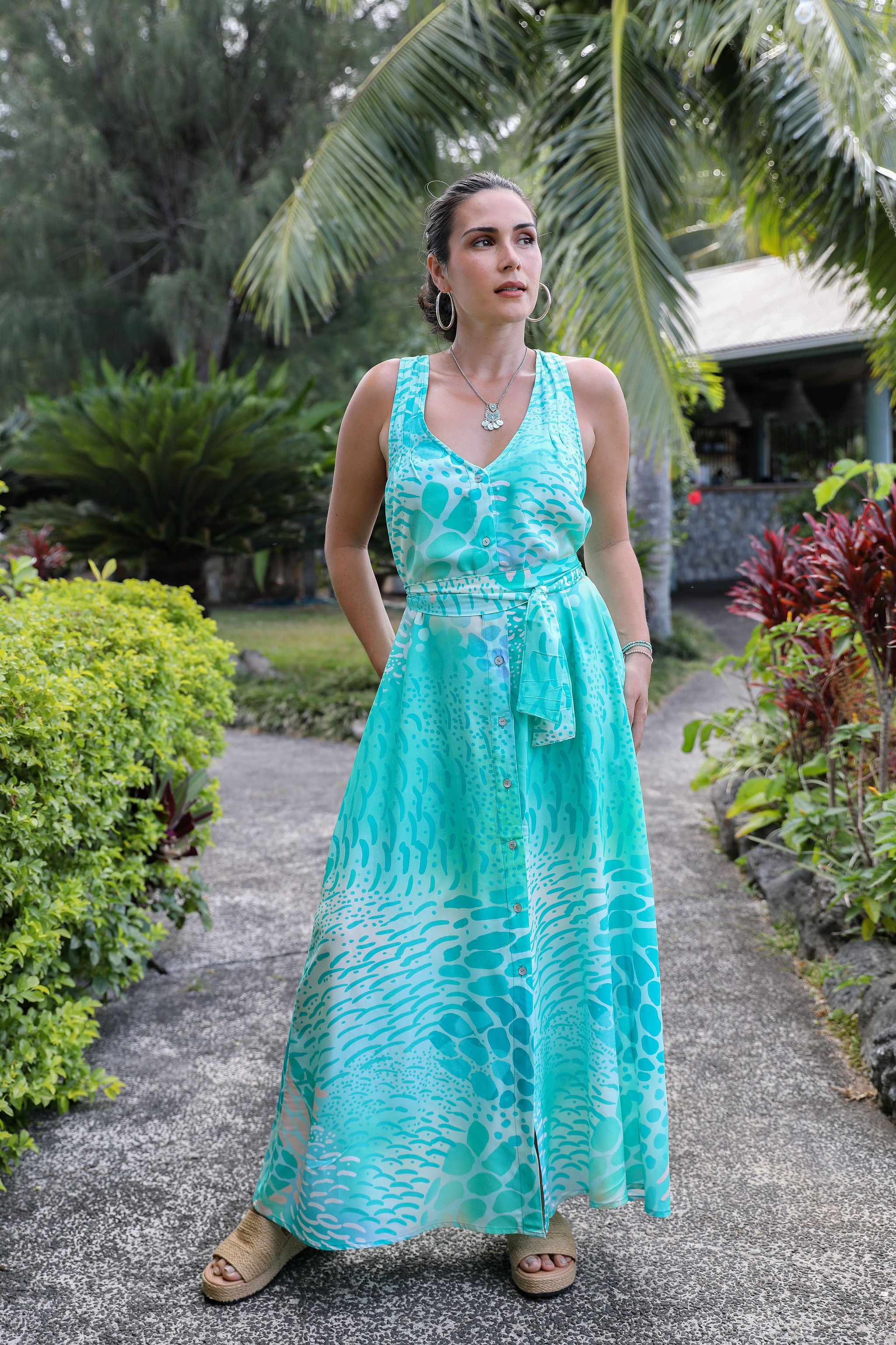 Aqua Parrot Fish Tara Button Front Maxi Dress