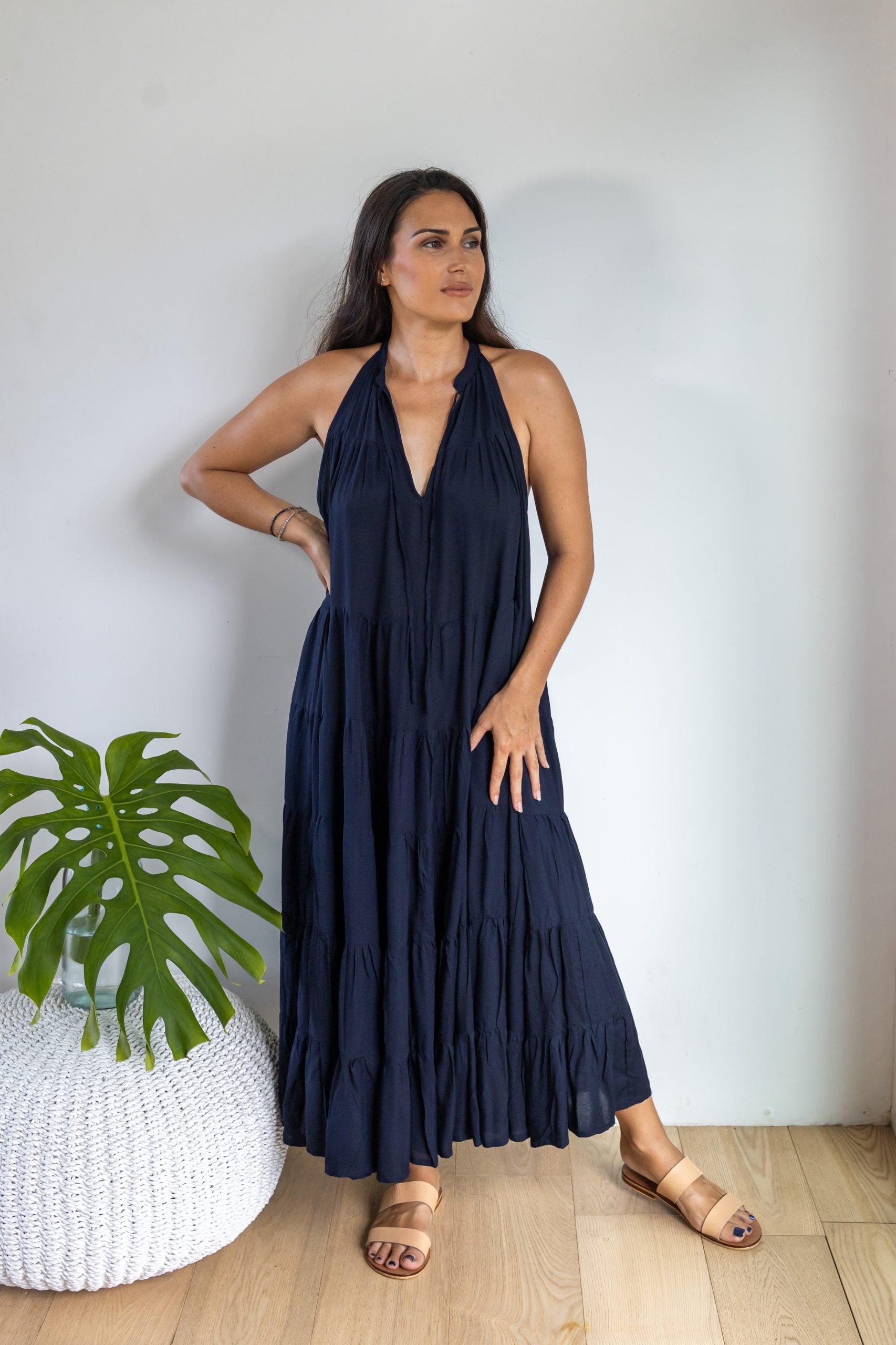 Navy Tiered Midi Dress