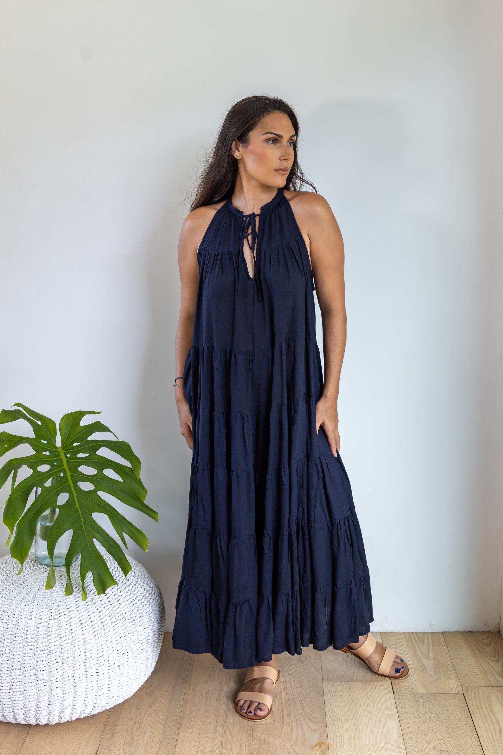Navy Tiered Midi Dress