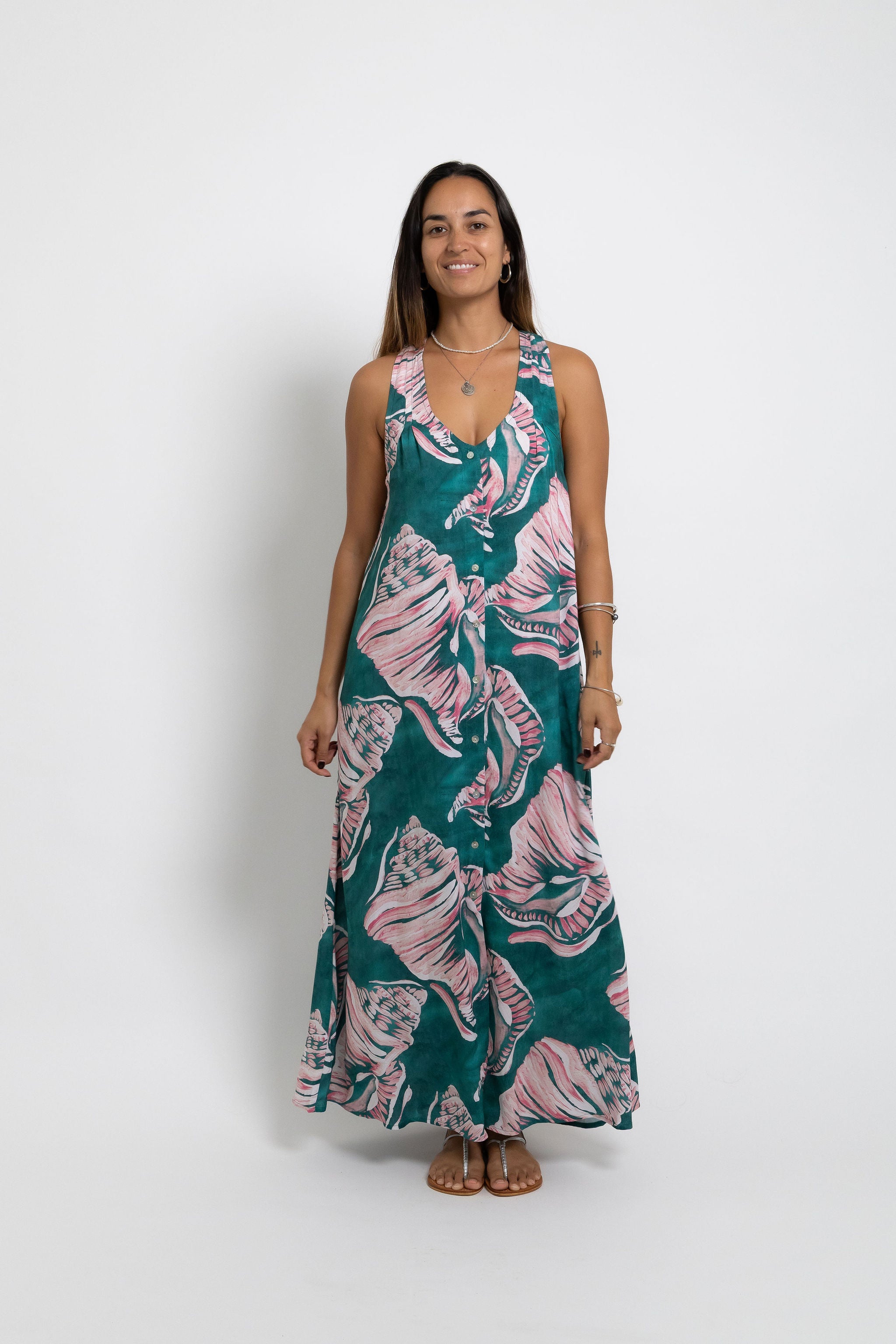 Jade Conch Shell Tara Button Front Maxi Dress