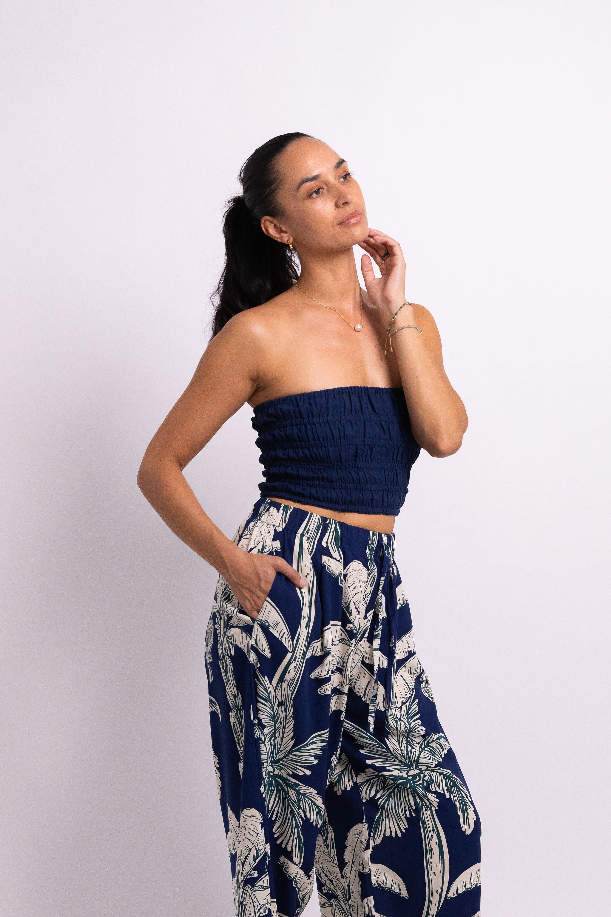 Navy Coco Palm Cropped Grace Pant