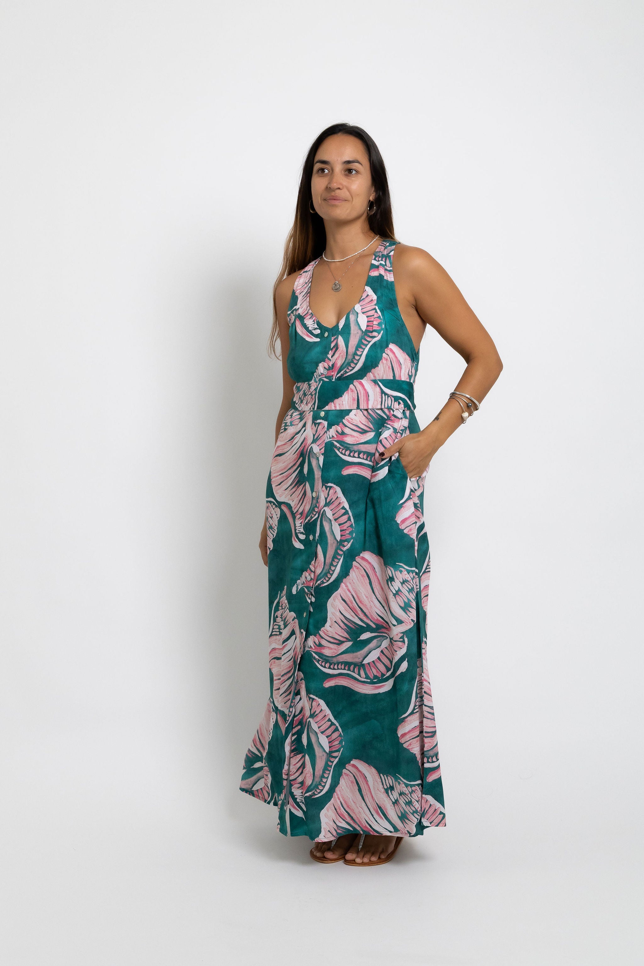 Jade Conch Shell Tara Button Front Maxi Dress