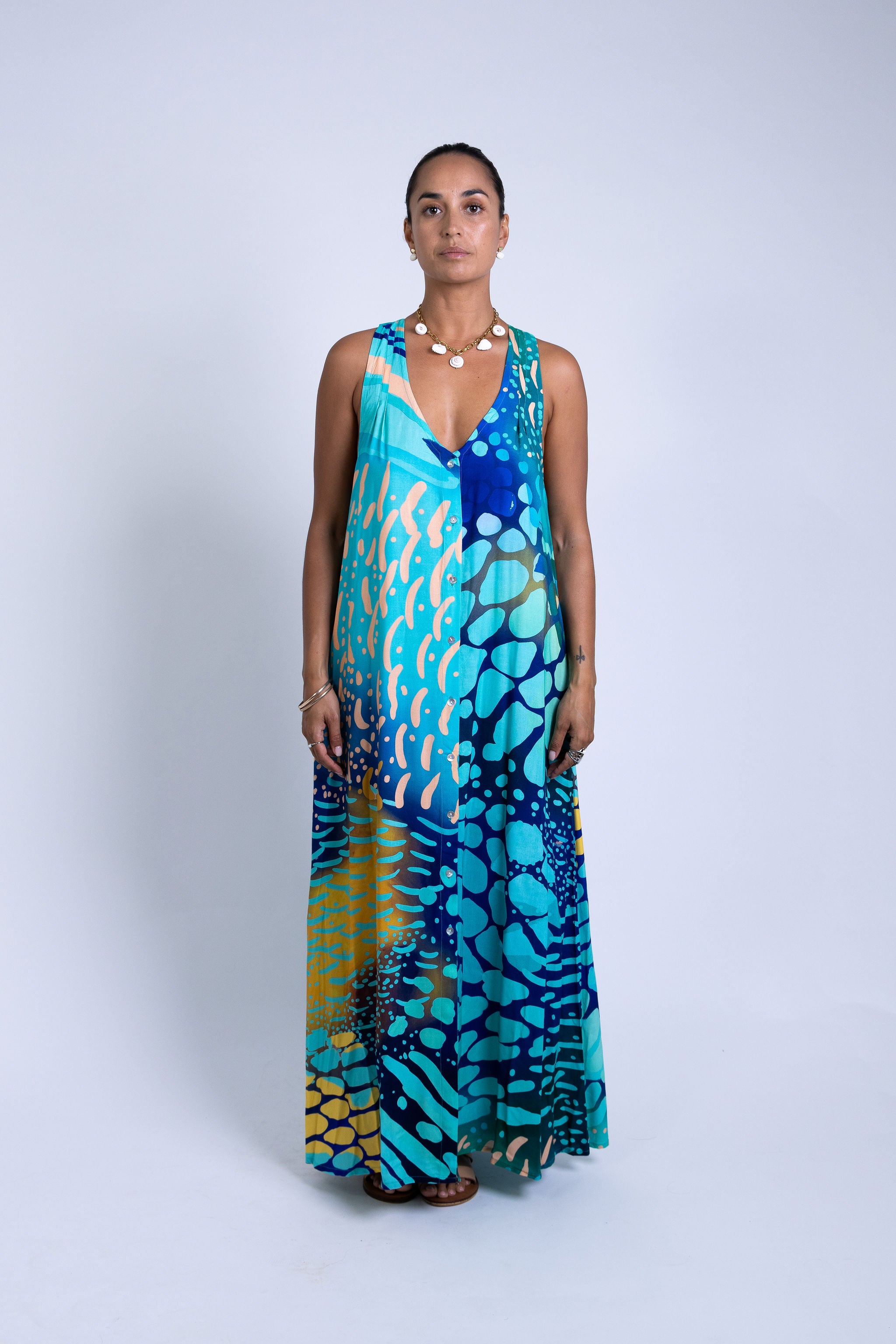 Indigo Parrot Fish Tara Button Front Maxi Dress