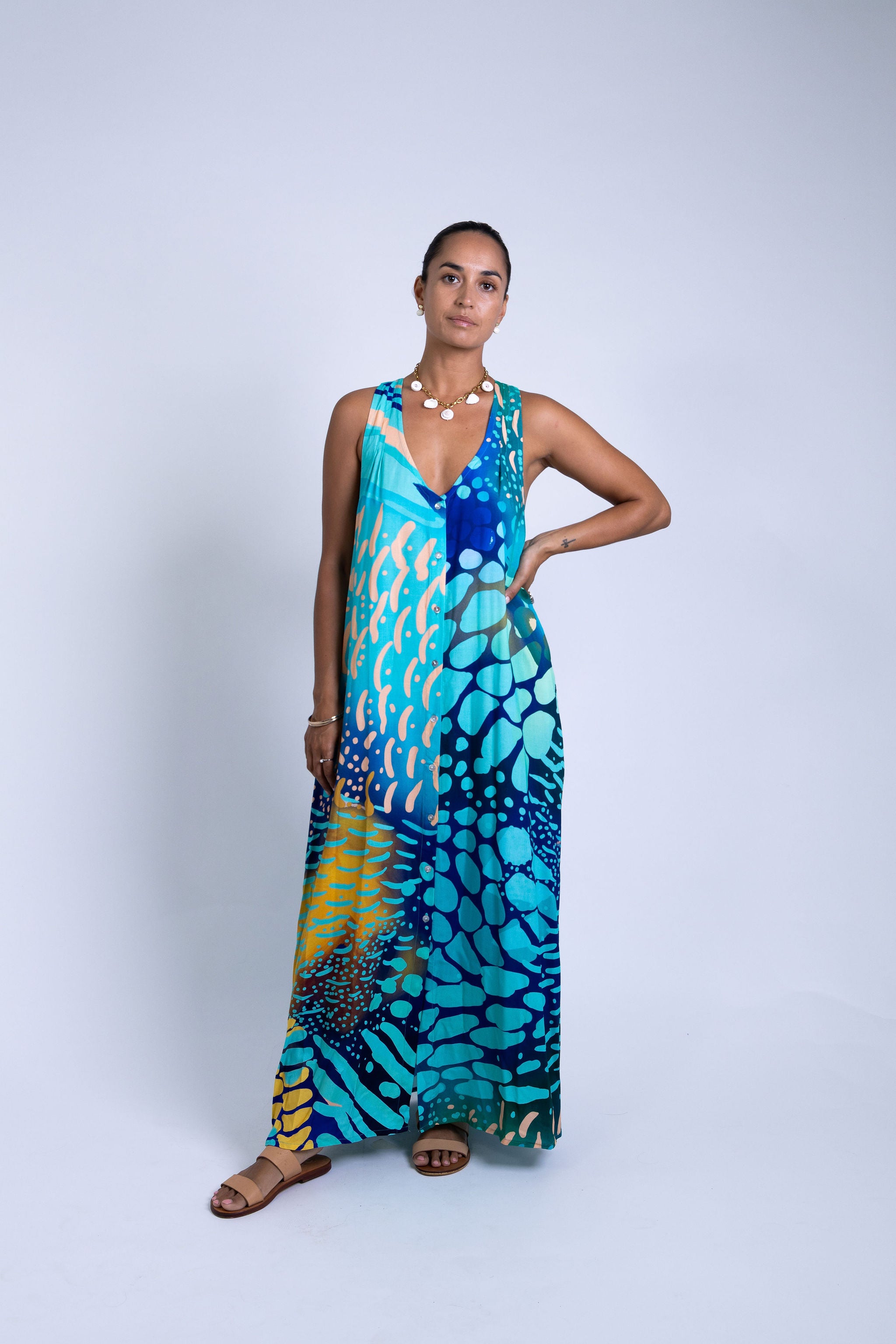 Indigo Parrot Fish Tara Button Front Maxi Dress