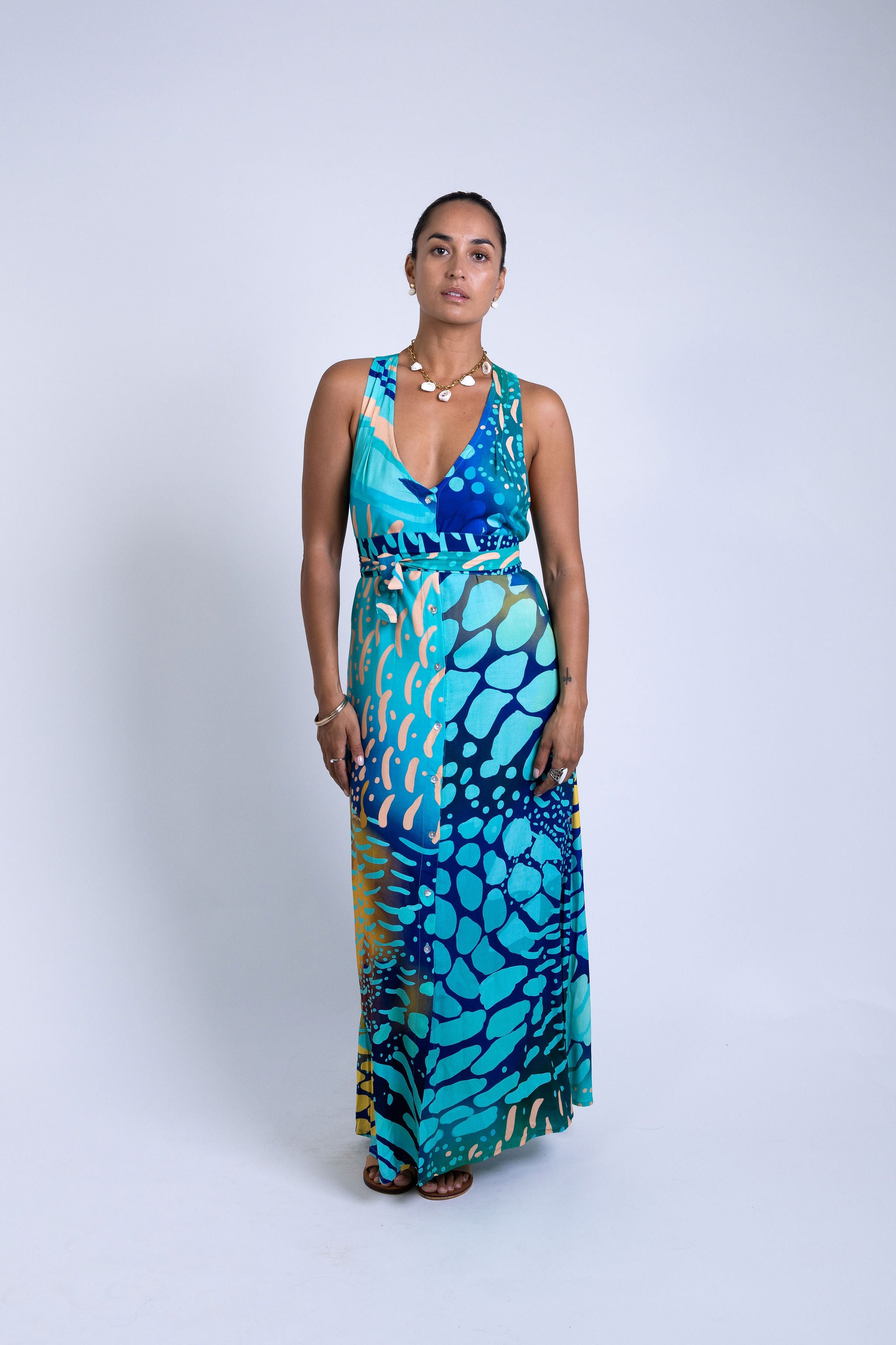 Indigo Parrot Fish Tara Button Front Maxi Dress