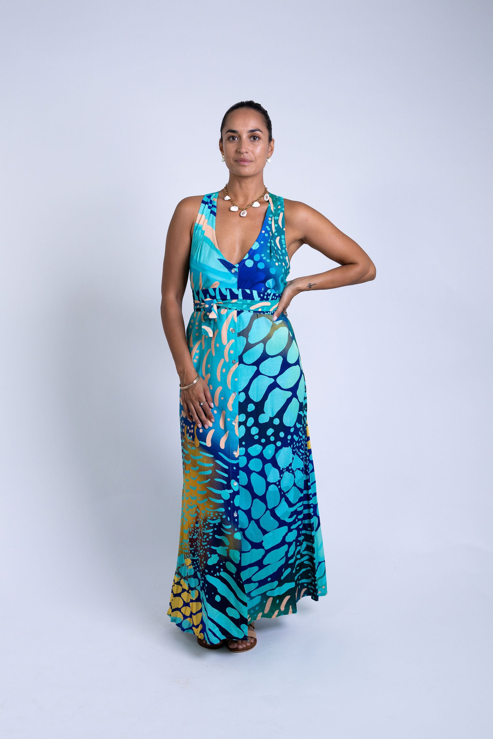 Indigo Parrot Fish Tara Button Front Maxi Dress