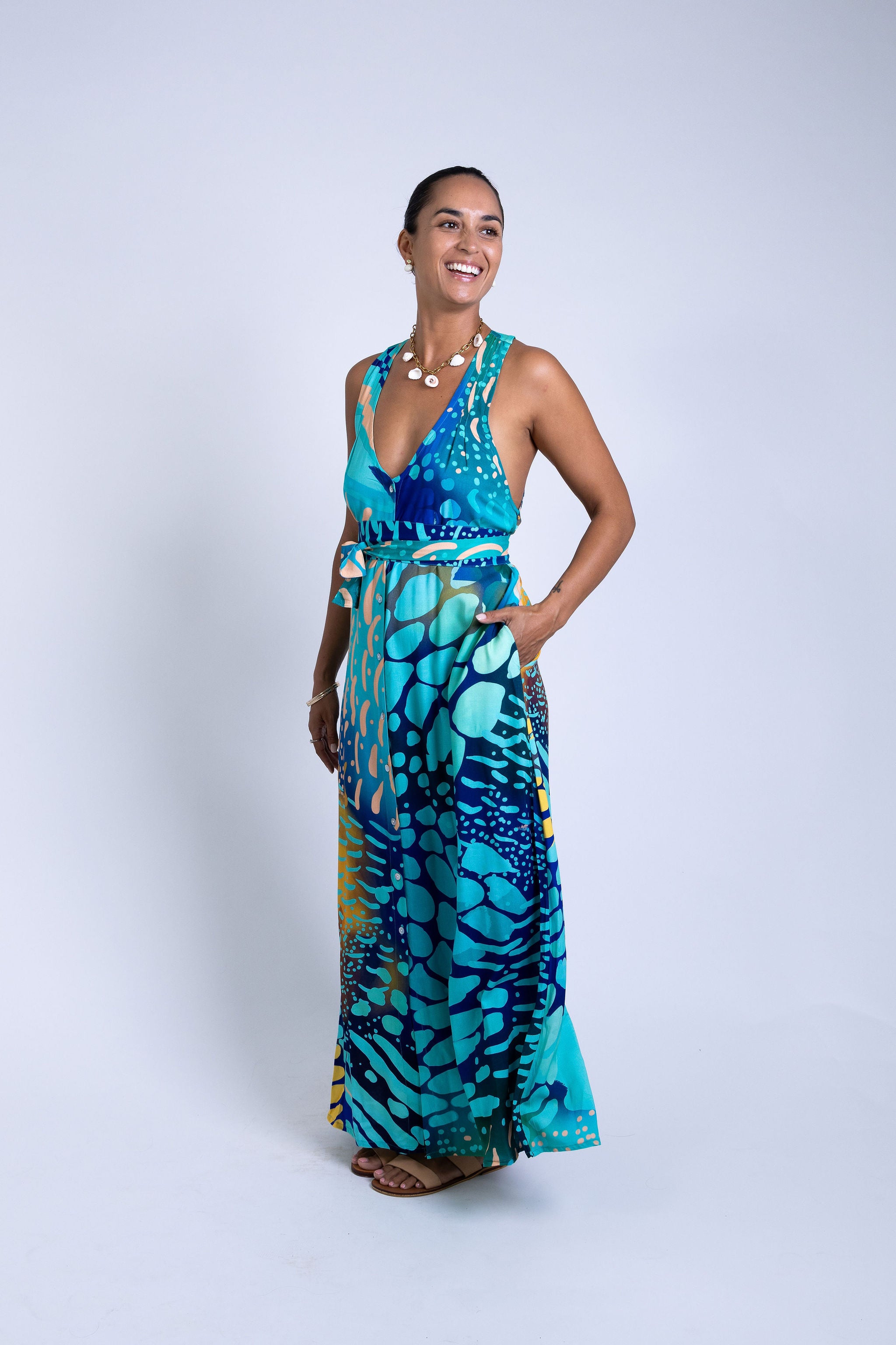 Indigo Parrot Fish Tara Button Front Maxi Dress