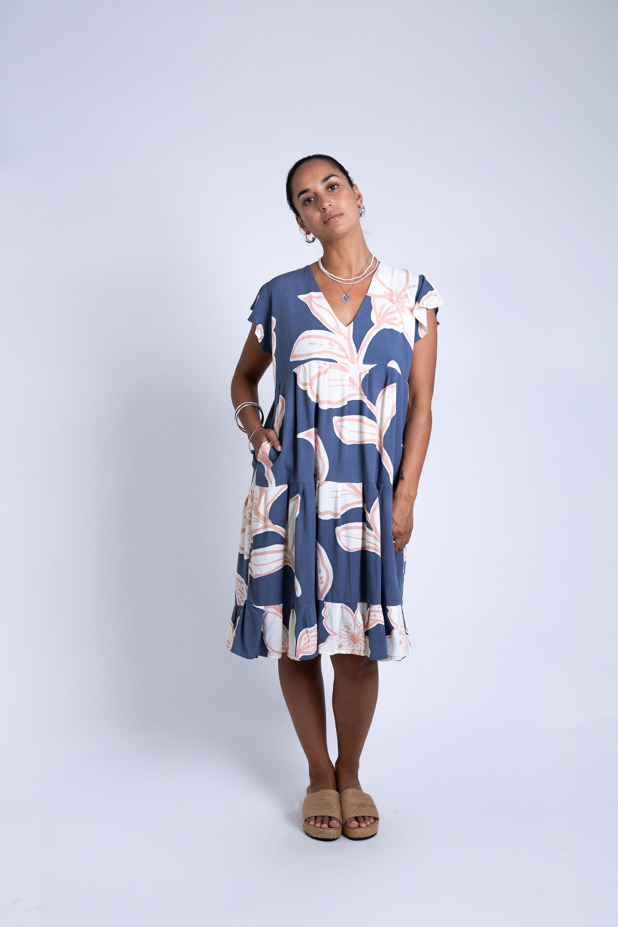 Navy Rara Tia V Neck Dress