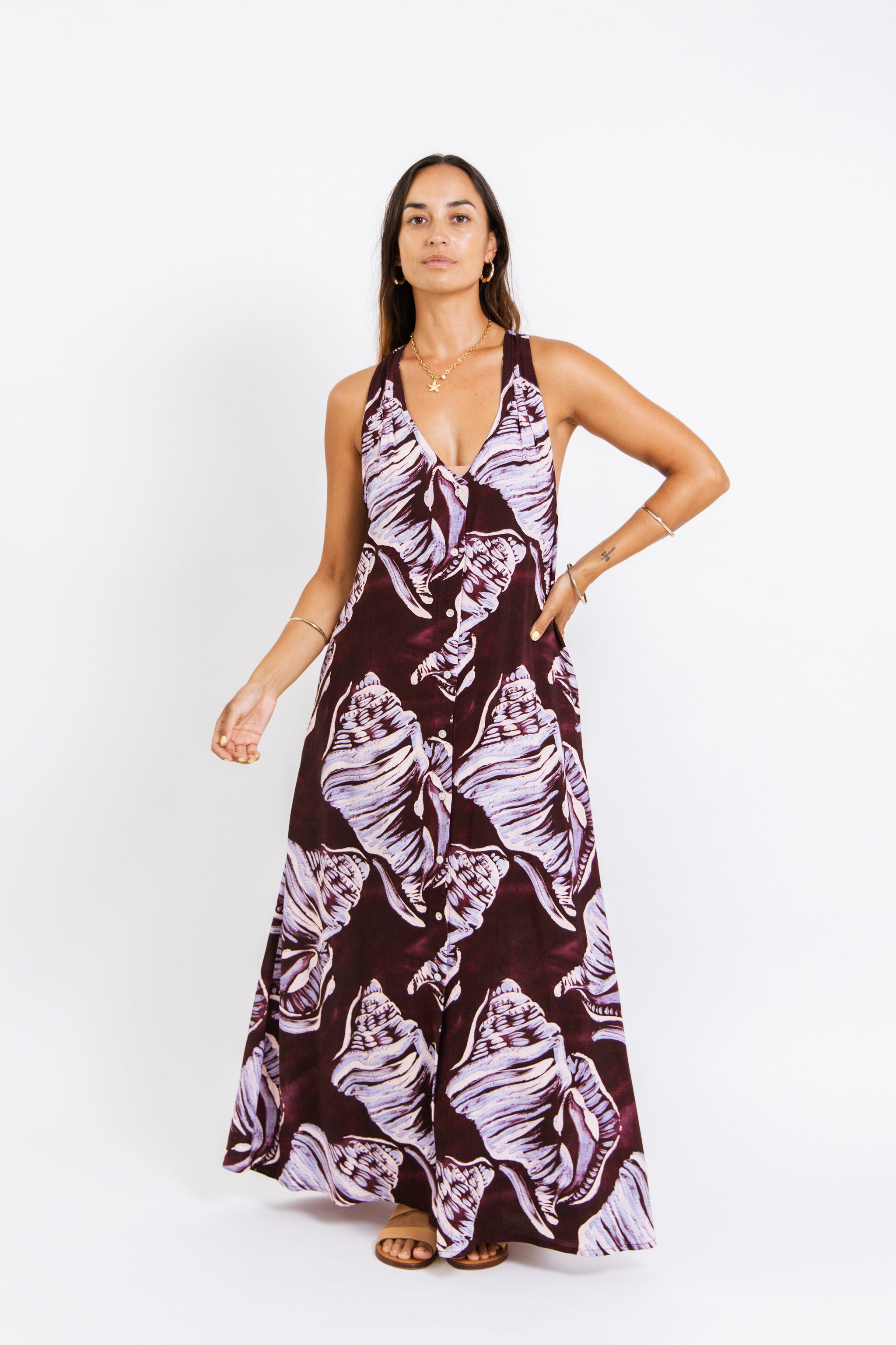 Burgandy Conch Shell Tara Button Front Maxi Dress