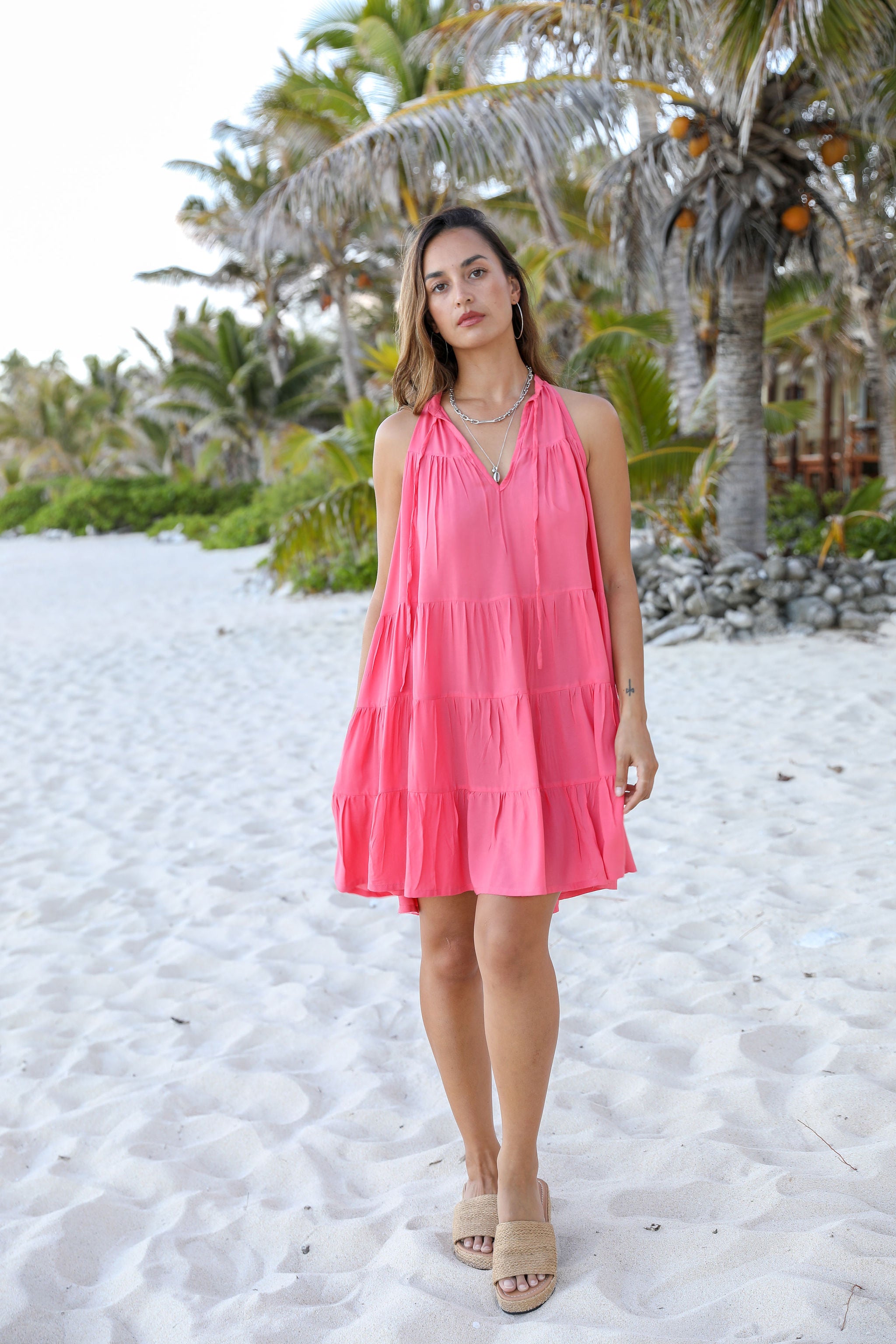 Coral Tiered Mini Dress