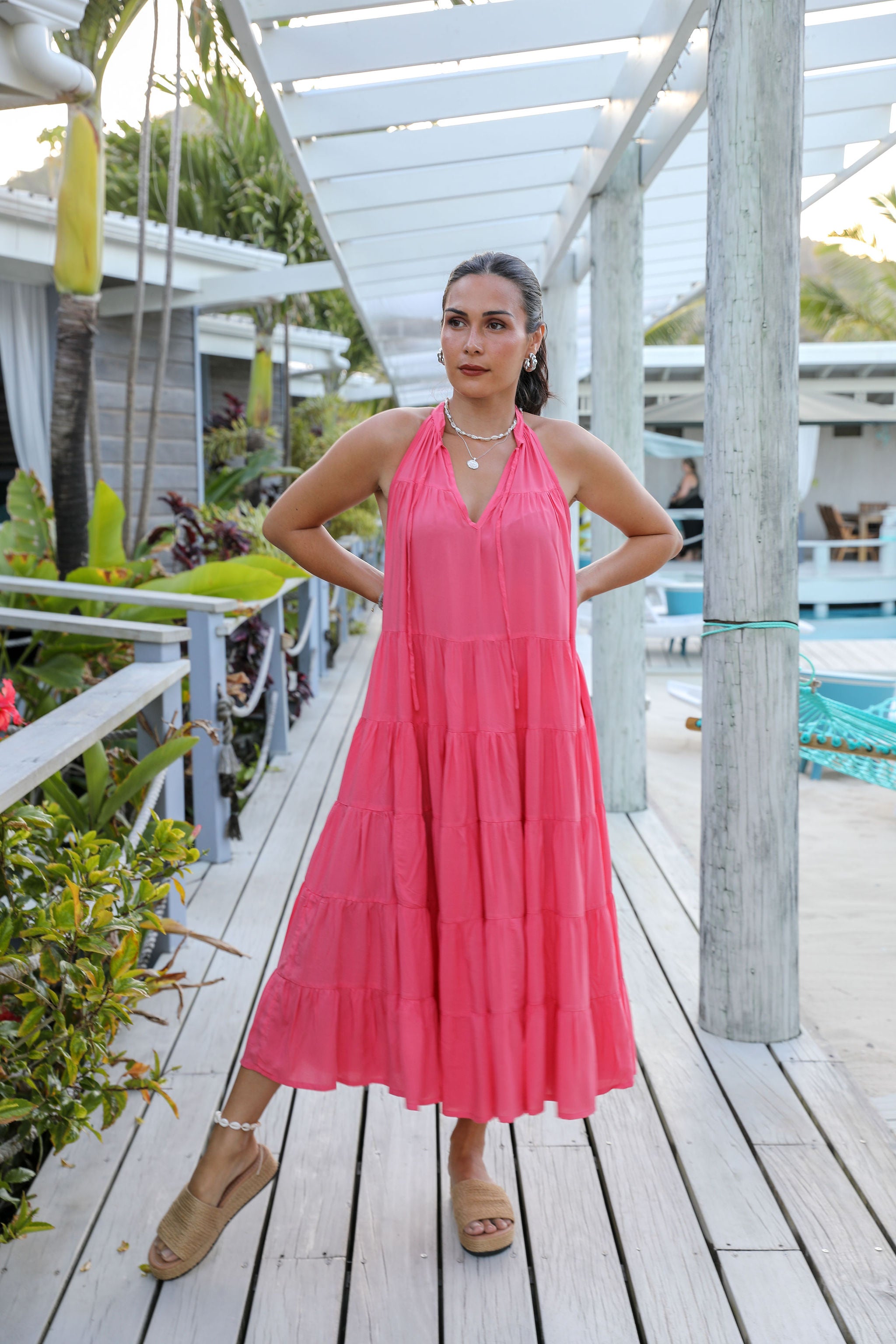 Coral Tiered Midi Dress