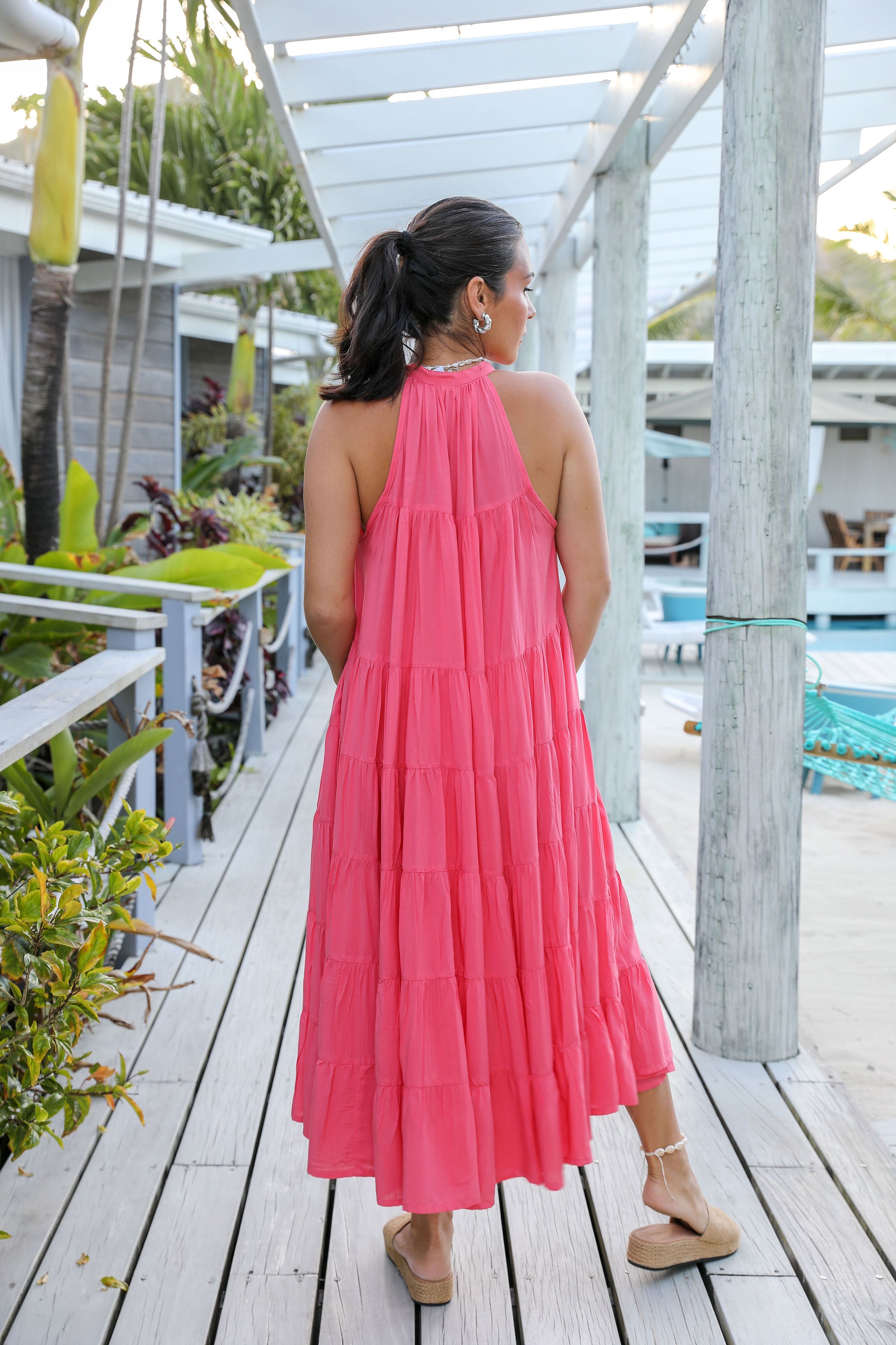 Coral Tiered Midi Dress