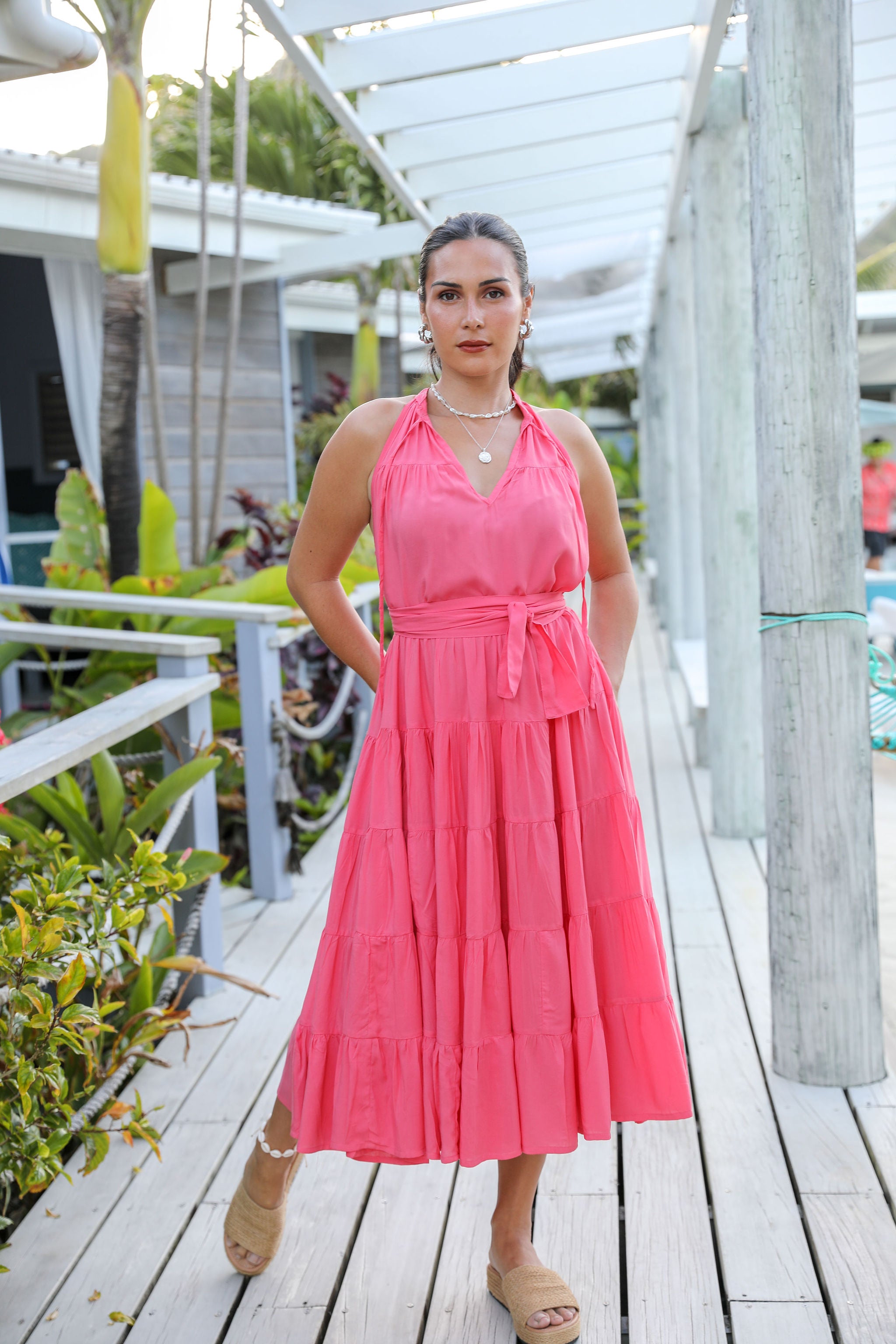 Coral Tiered Midi Dress