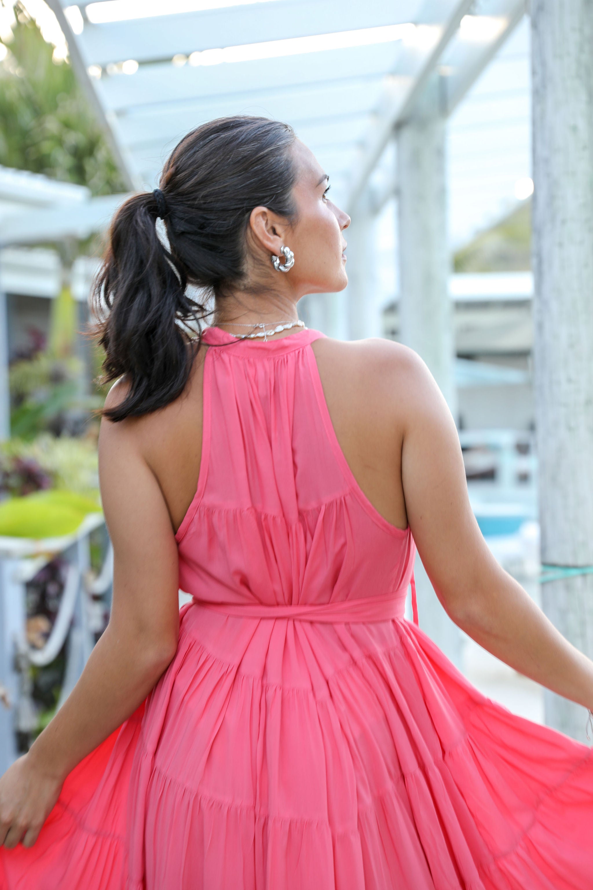 Coral Tiered Midi Dress