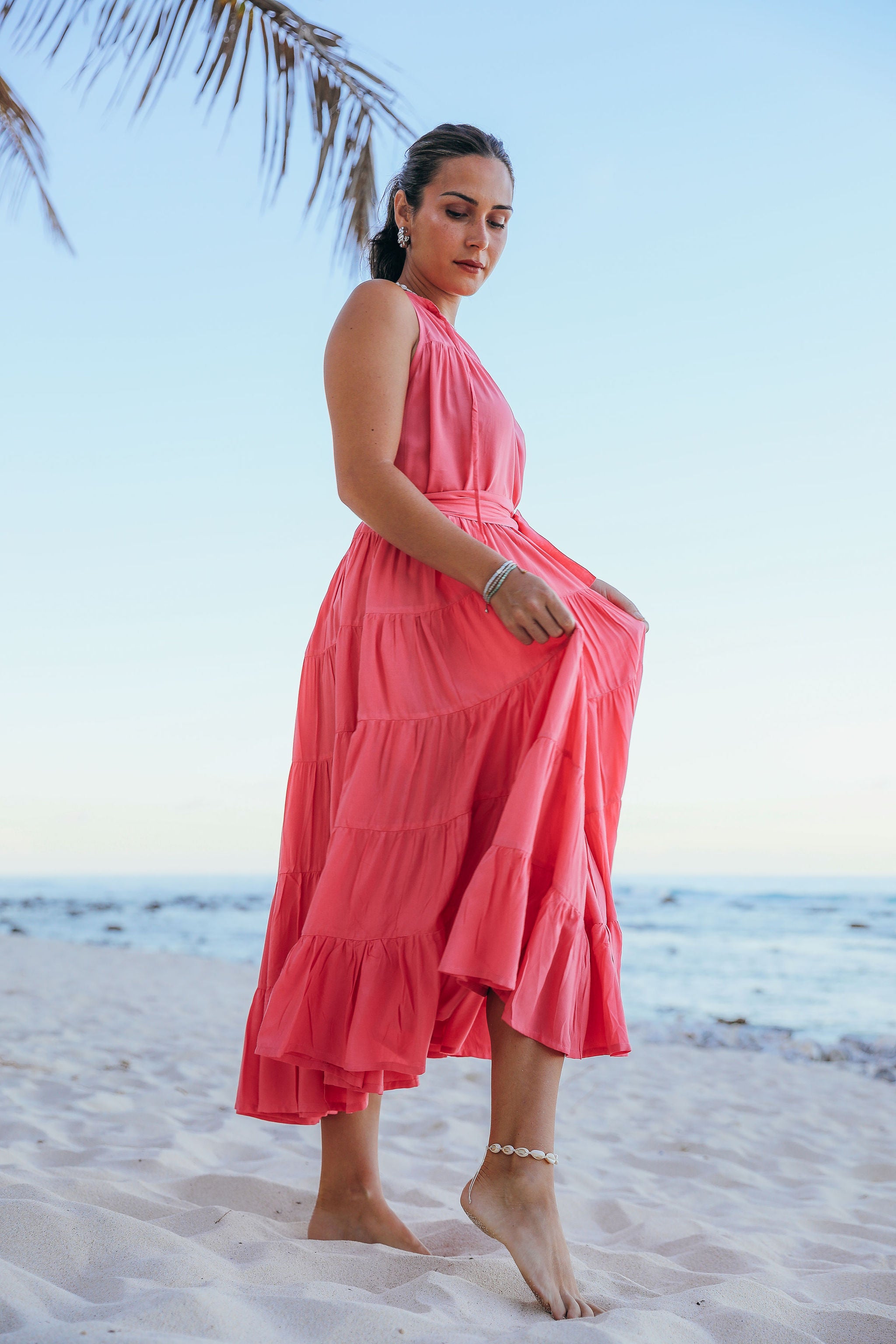 Coral Tiered Midi Dress