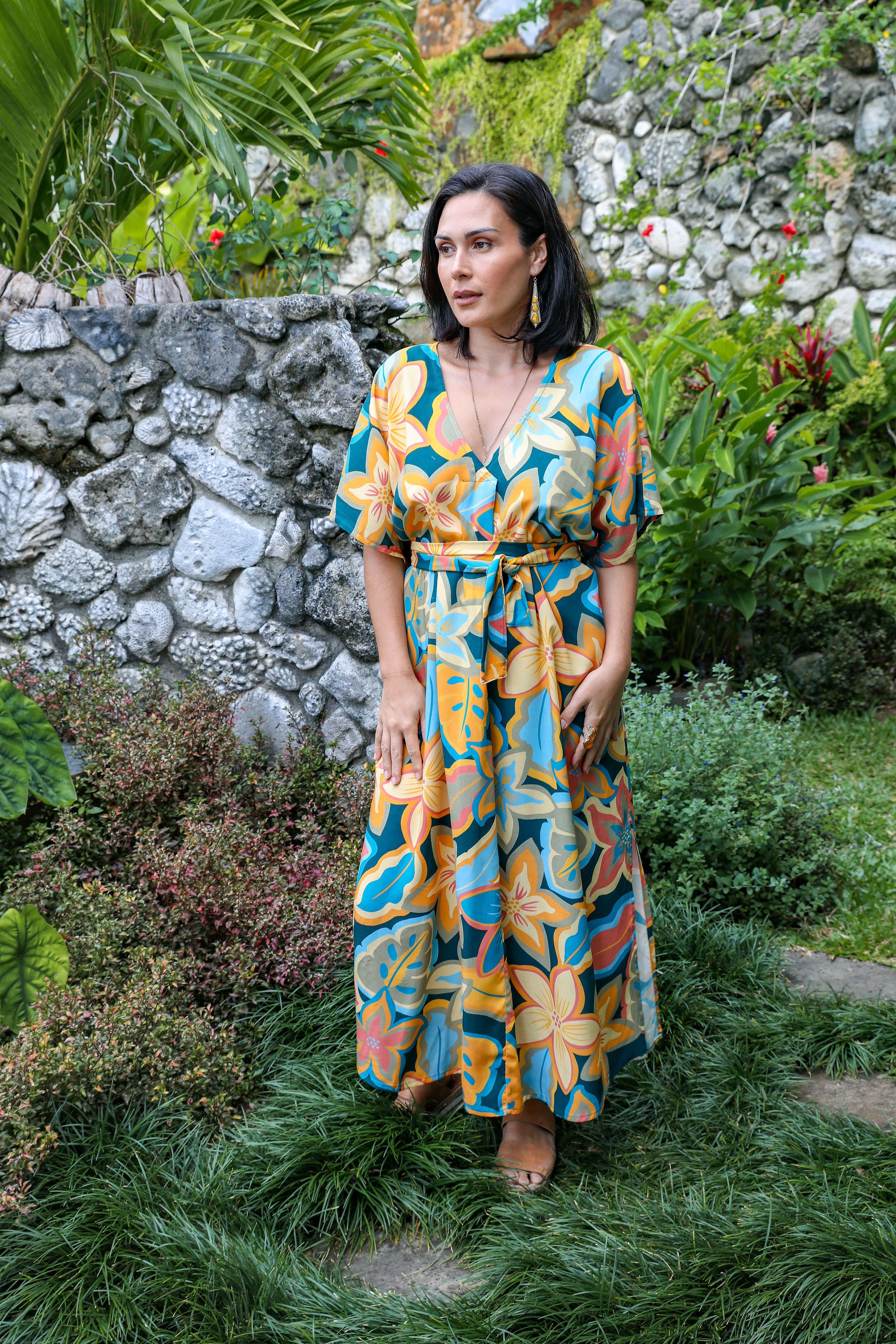 Night Wild Flower V Neck Kaftan