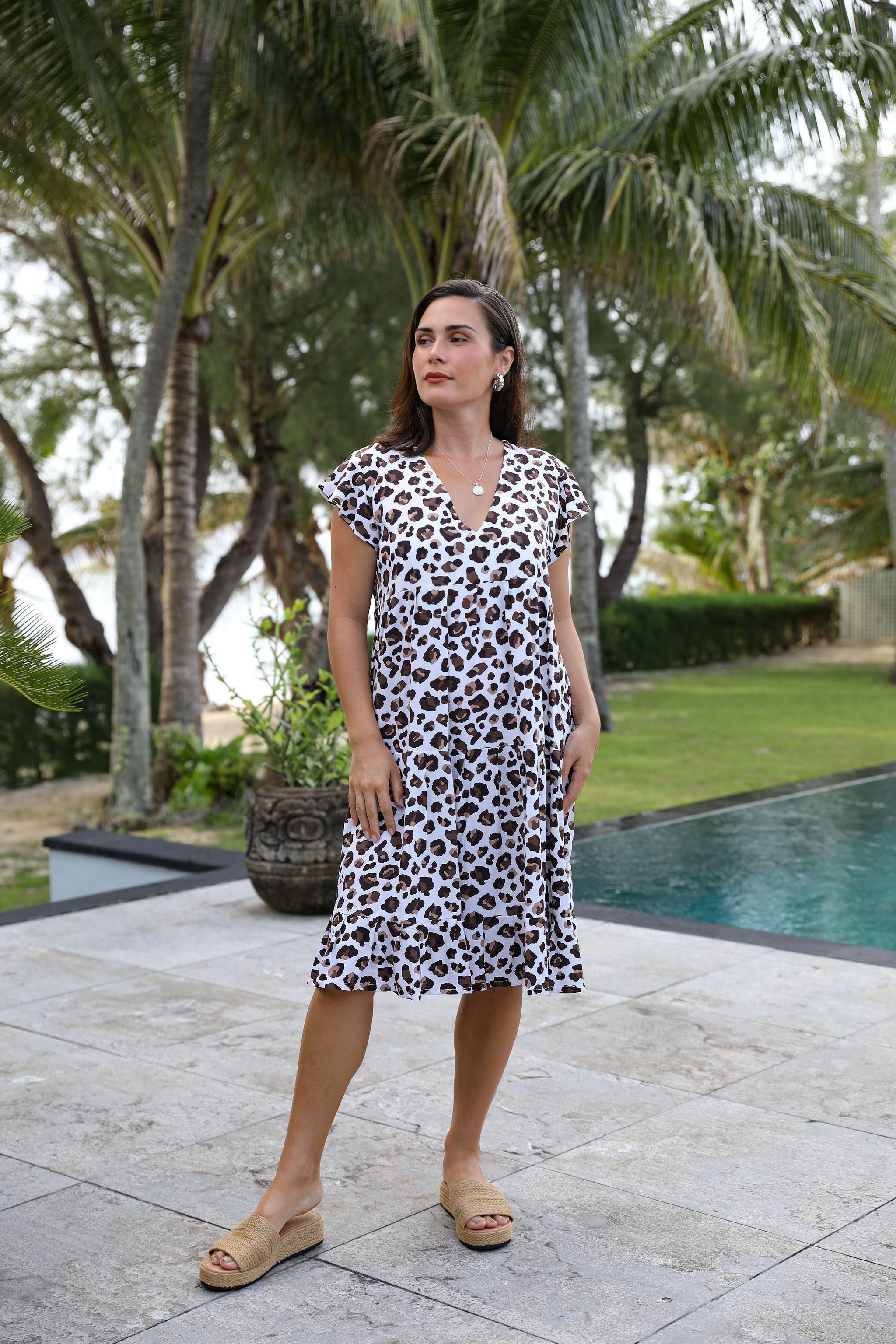 Poreo Leopard Tia V Neck Dress