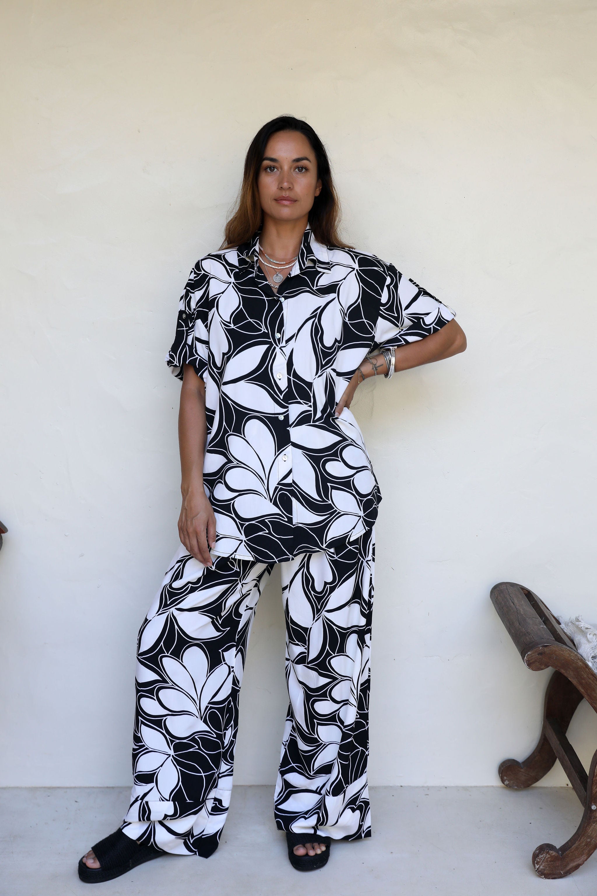 Black and Sand Floating Leaf Scarlett Shirt