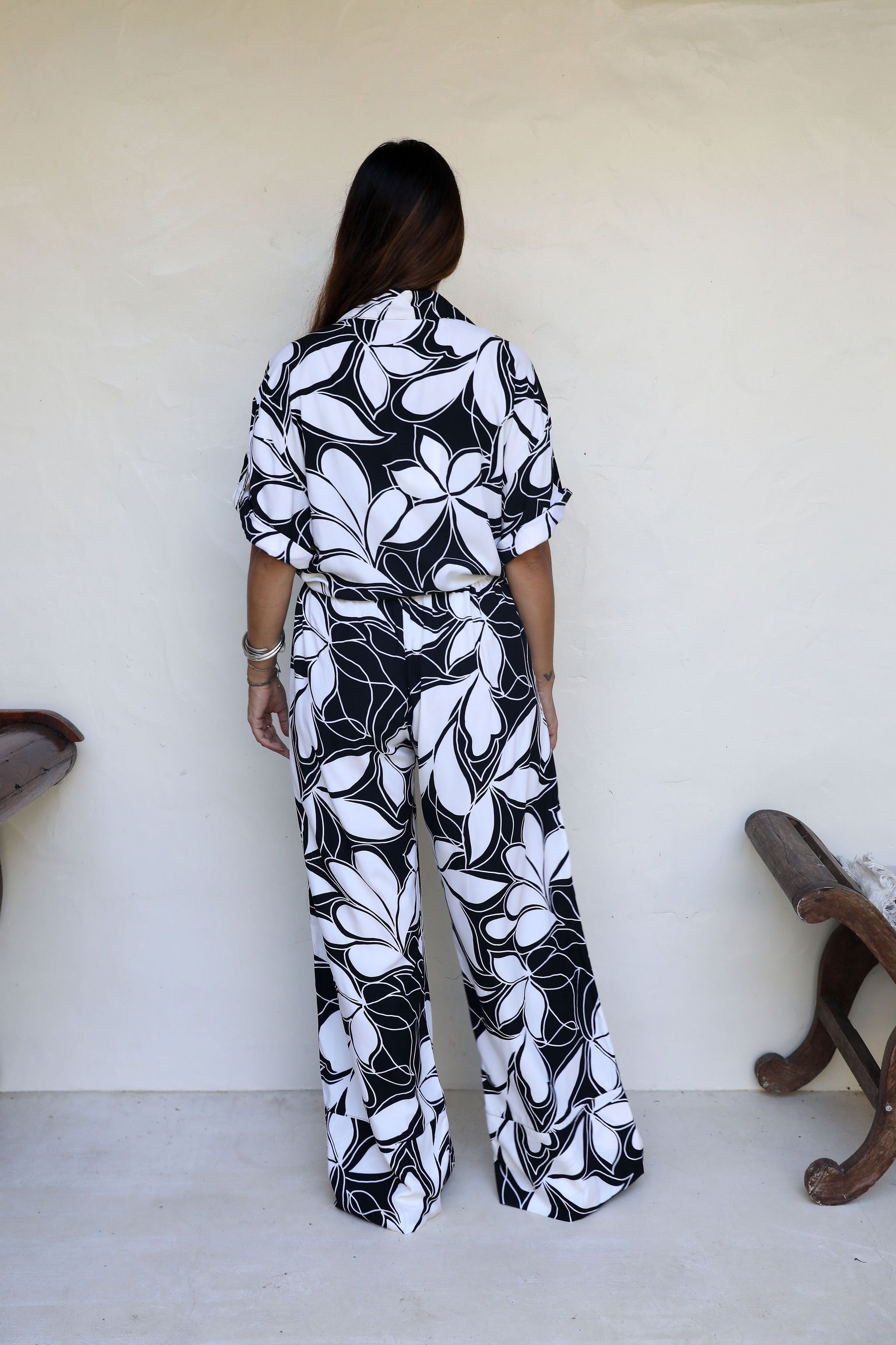 Black and Sand Floating Leaf Grace Pant