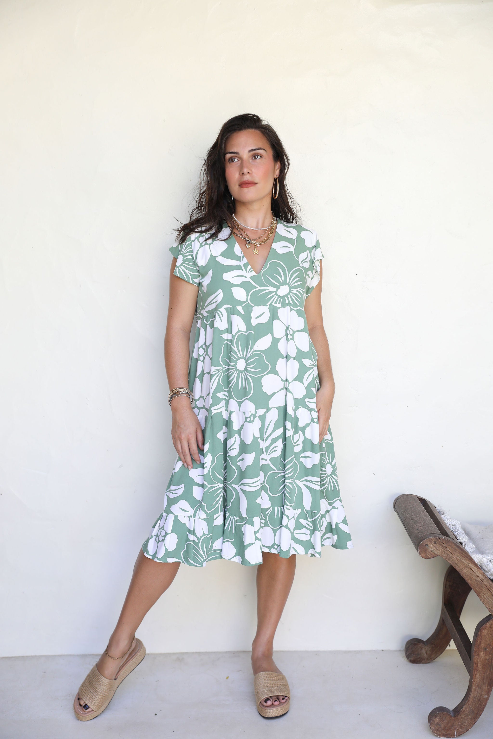 Khaki Te Ana Hibiscus Tia V Neck Dress