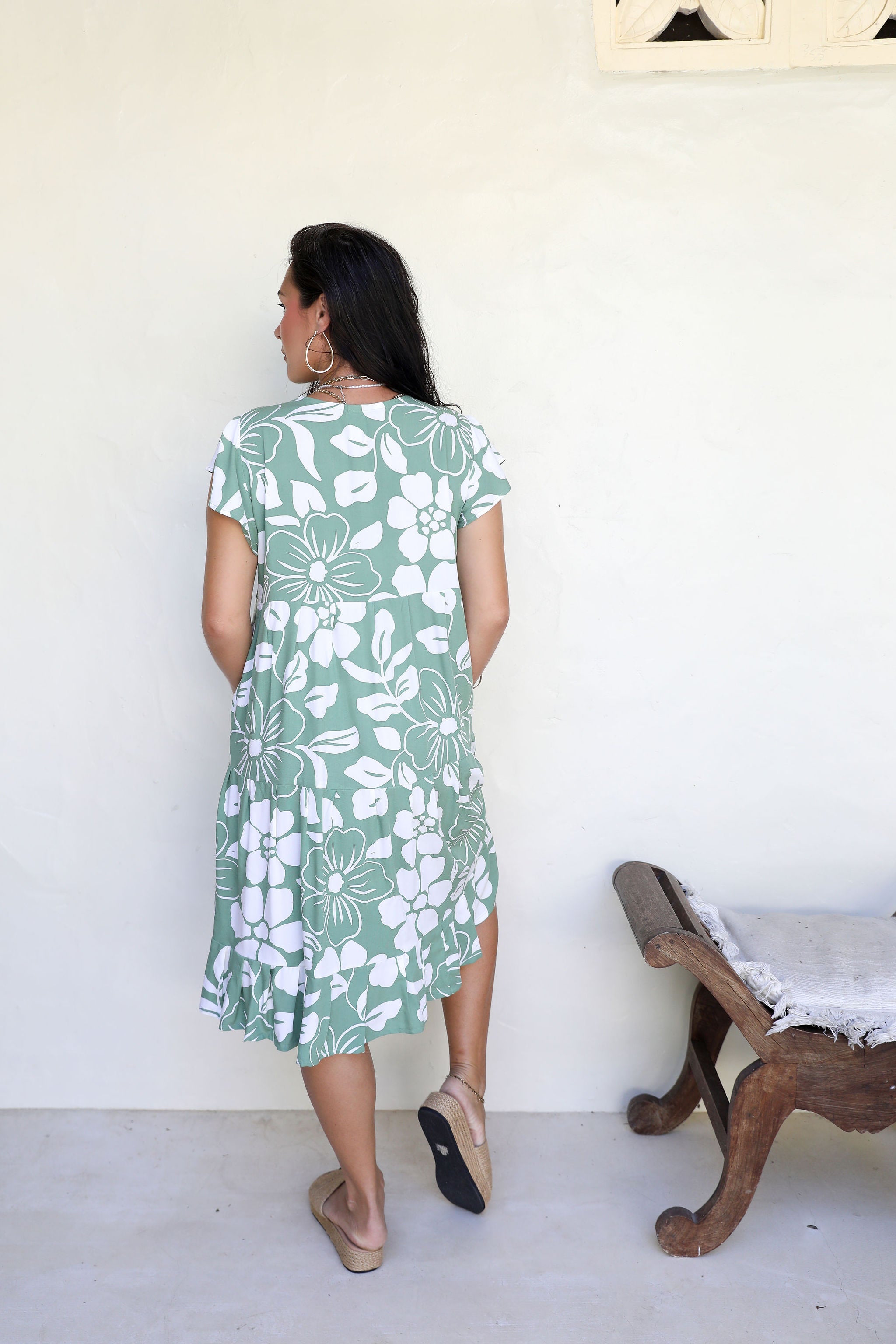 Khaki Te Ana Hibiscus Tia V Neck Dress