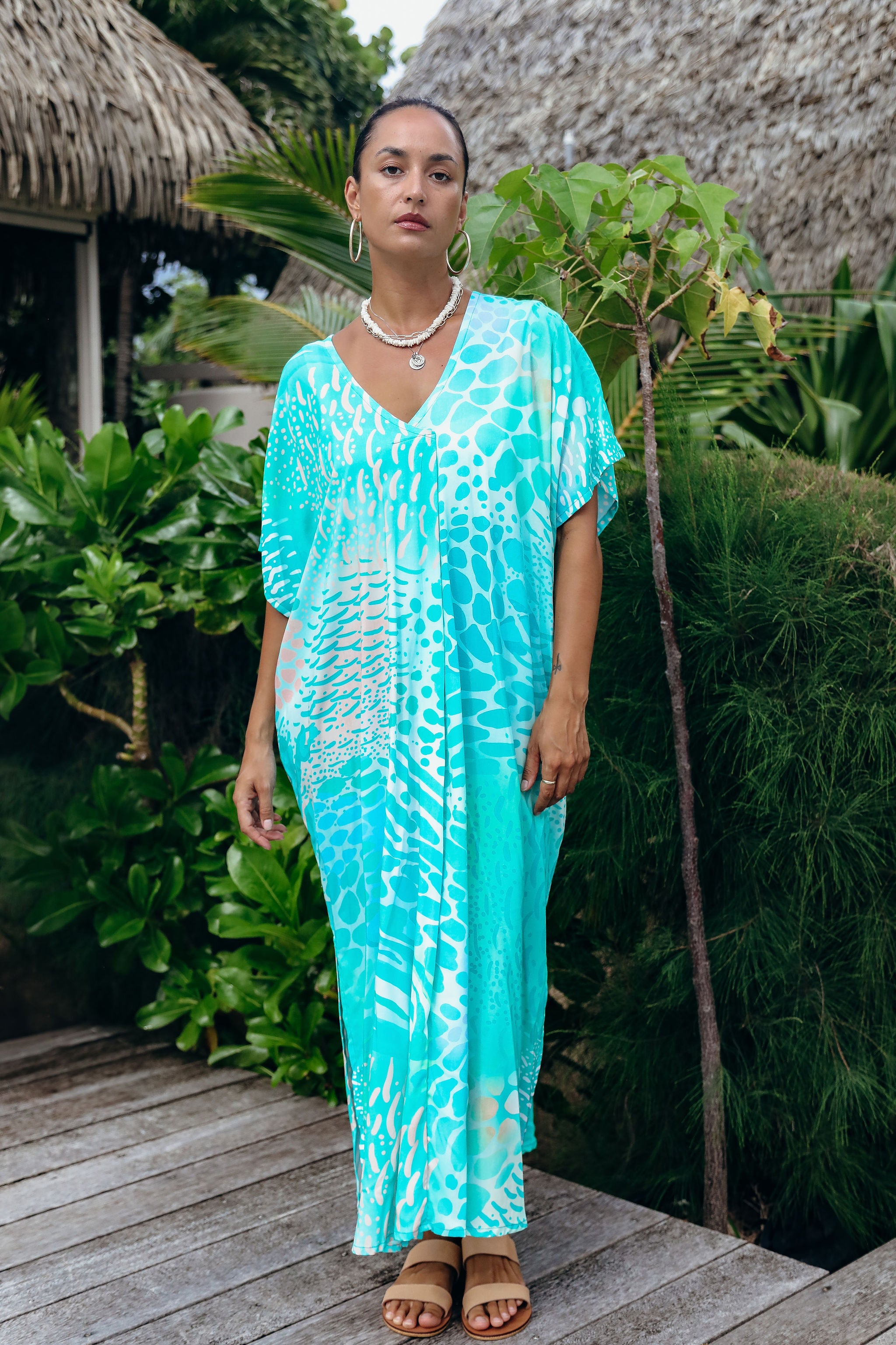 Aqua Parrot Fish V Neck Kaftan