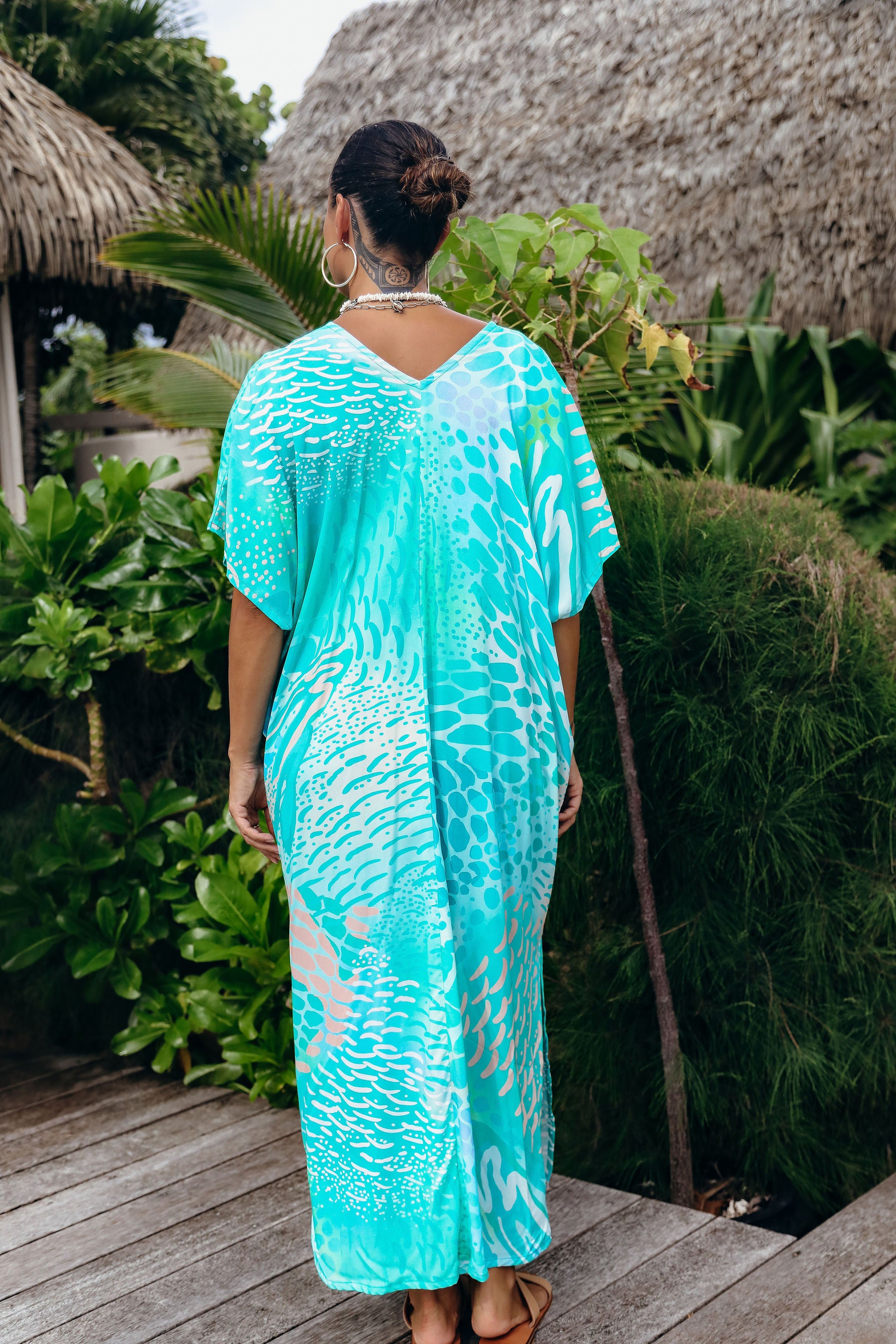 Aqua Parrot Fish V Neck Kaftan