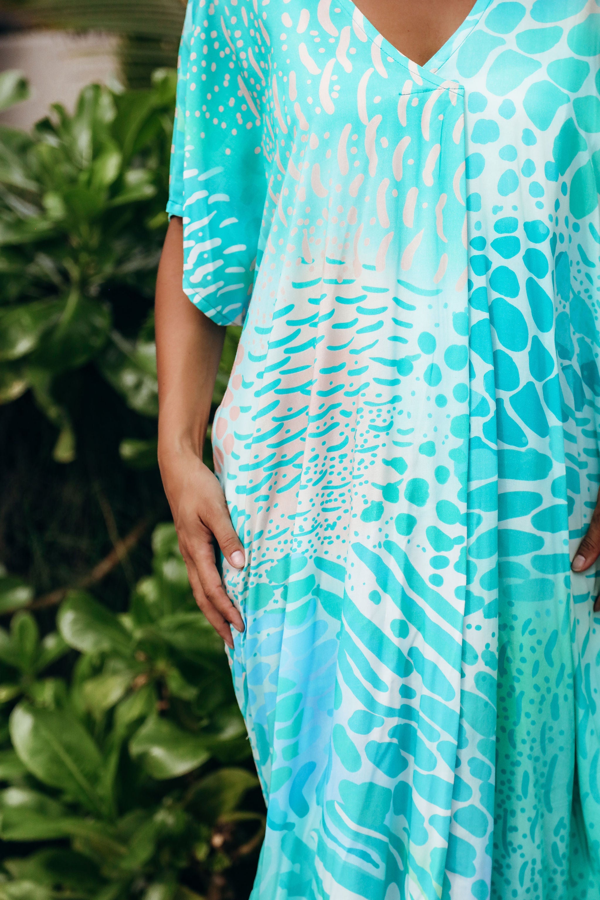 Aqua Parrot Fish V Neck Kaftan