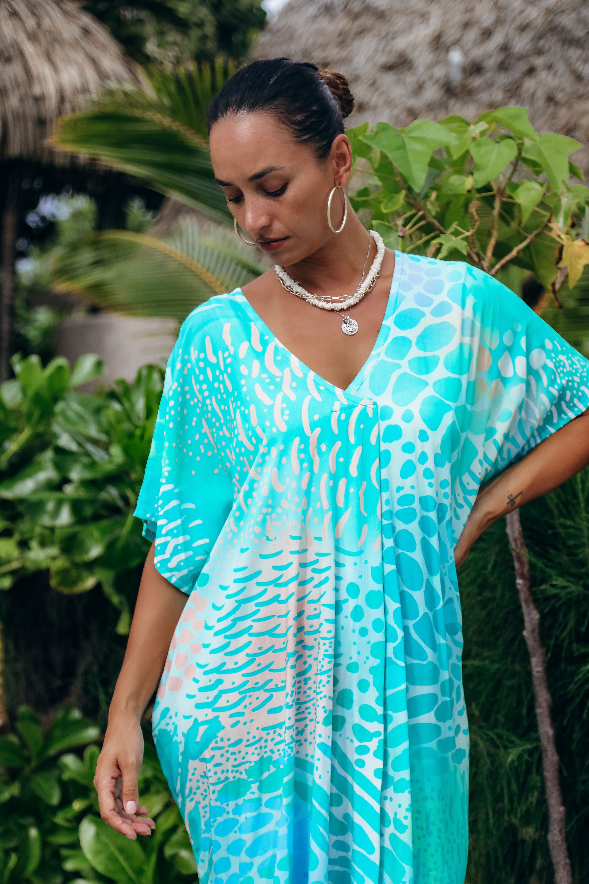 Aqua Parrot Fish V Neck Kaftan