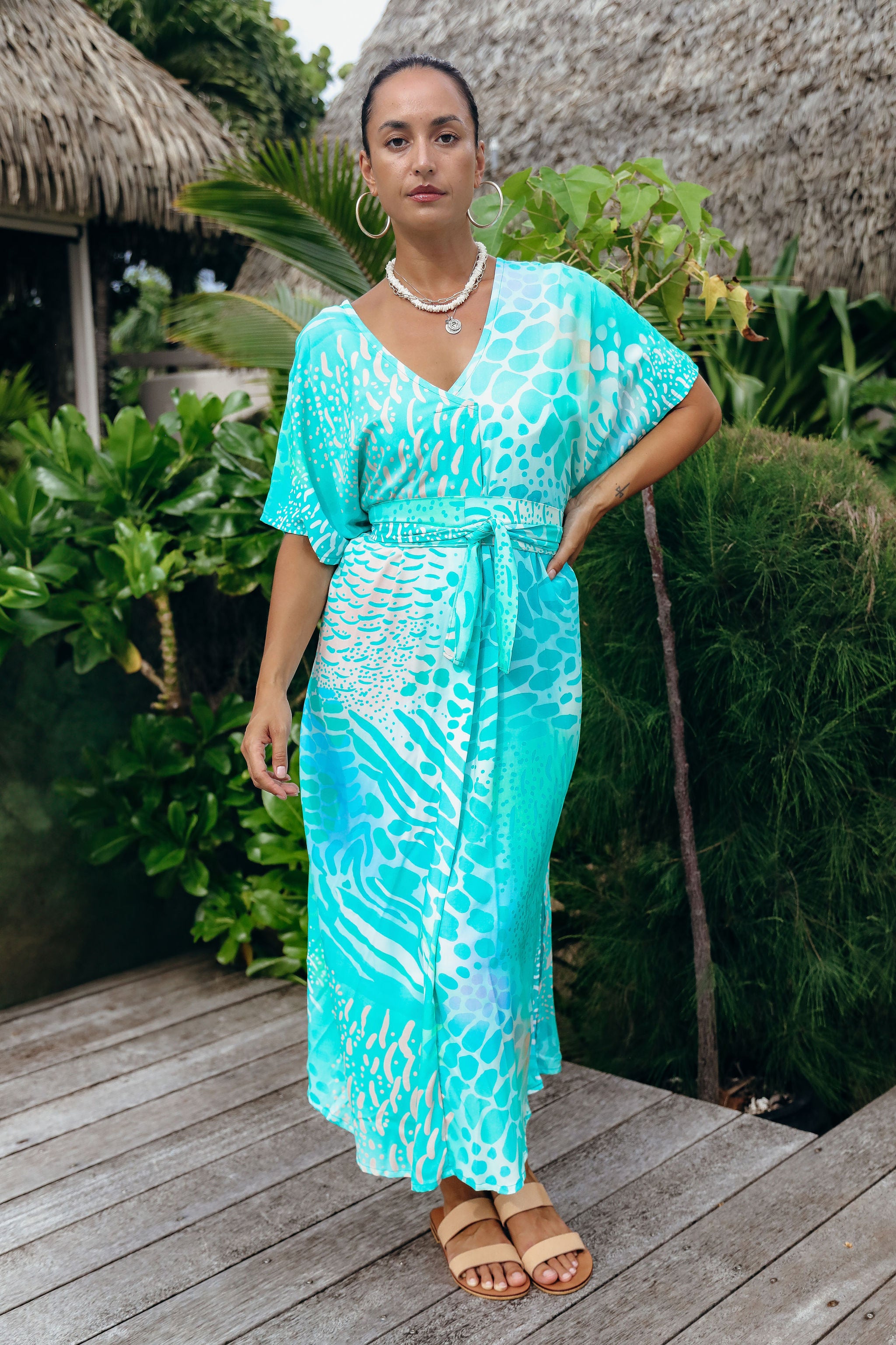 Aqua Parrot Fish V Neck Kaftan