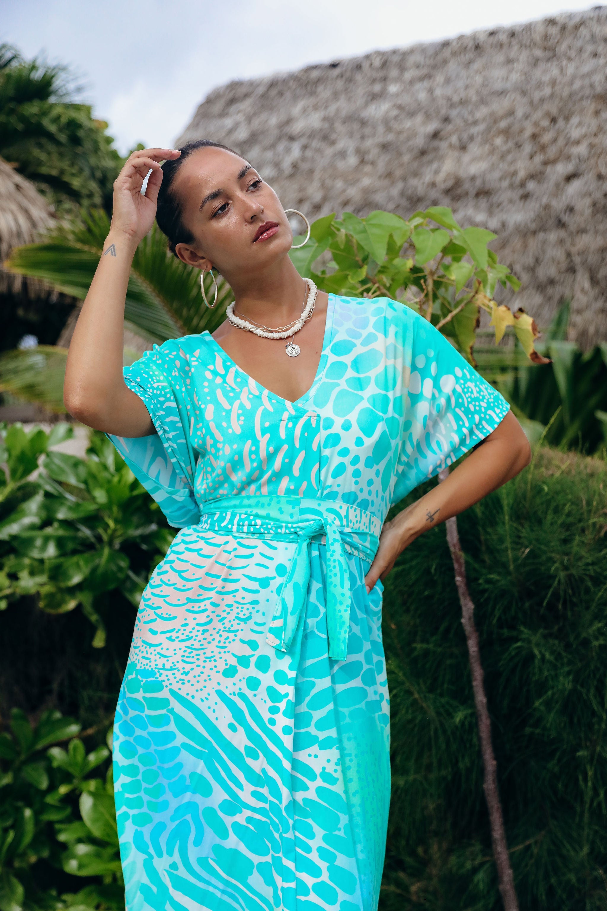 Aqua Parrot Fish V Neck Kaftan