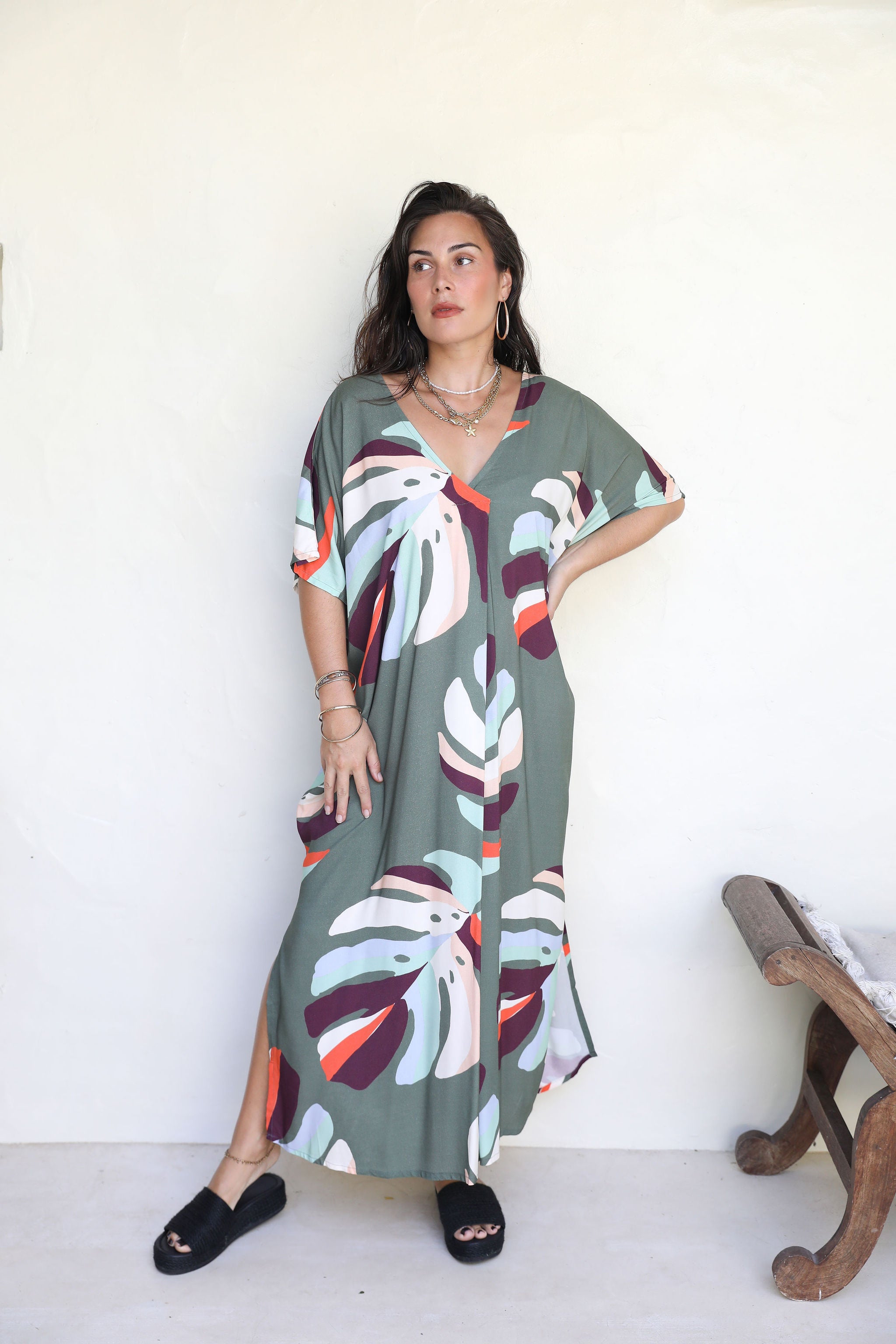 Khaki Te Au Monstera Mana Kaftan