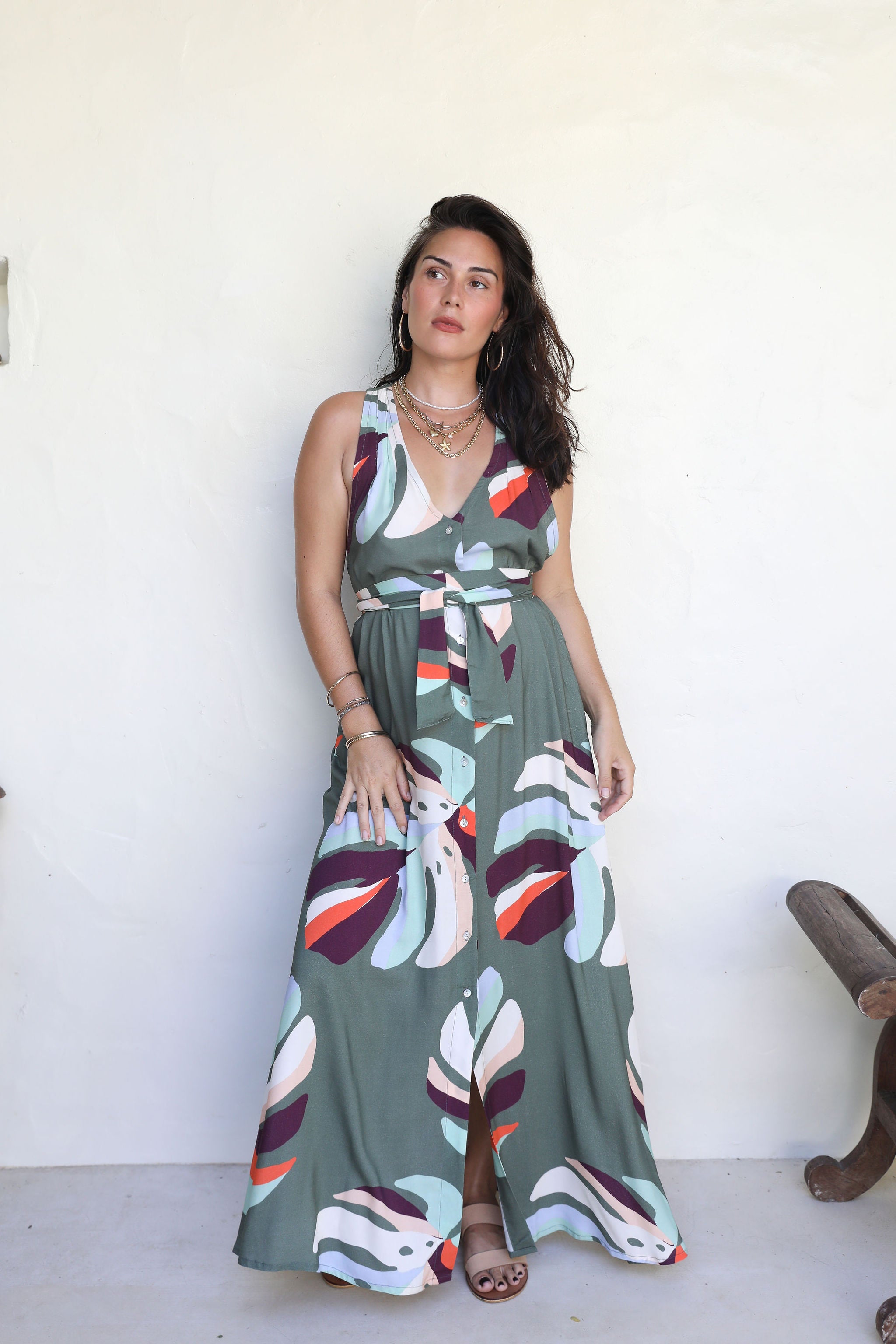 Khaki Te Au Monstera Tara Button Front Maxi Dress