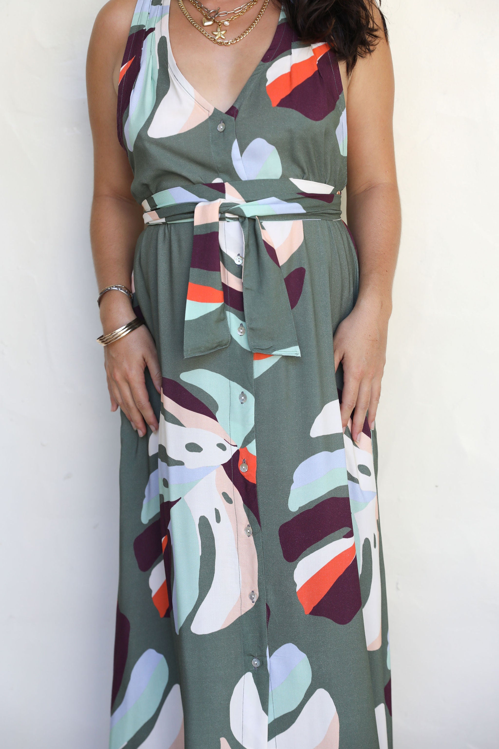 Khaki Te Au Monstera Tara Button Front Maxi Dress
