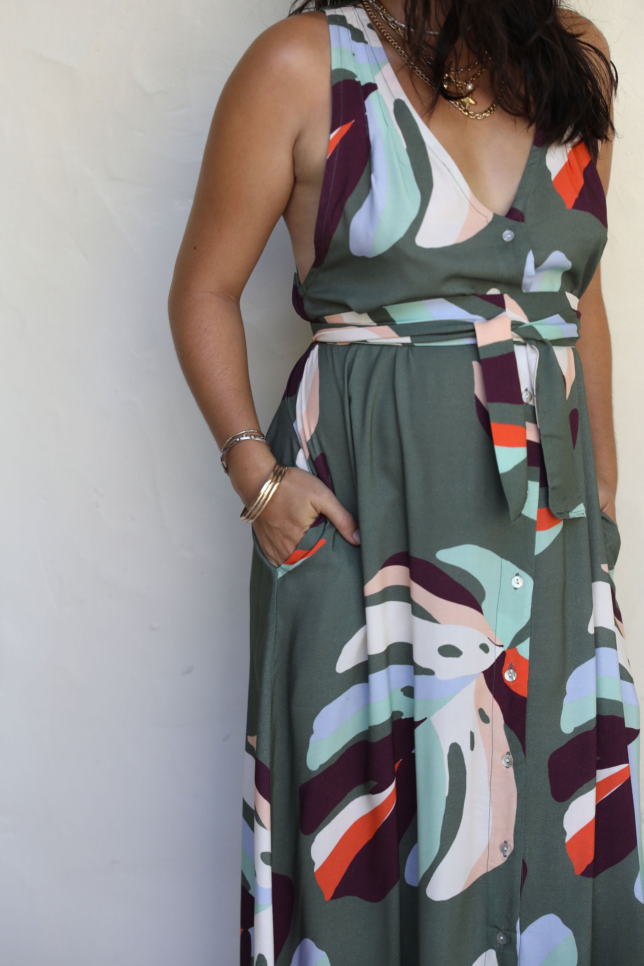 Khaki Te Au Monstera Tara Button Front Maxi Dress