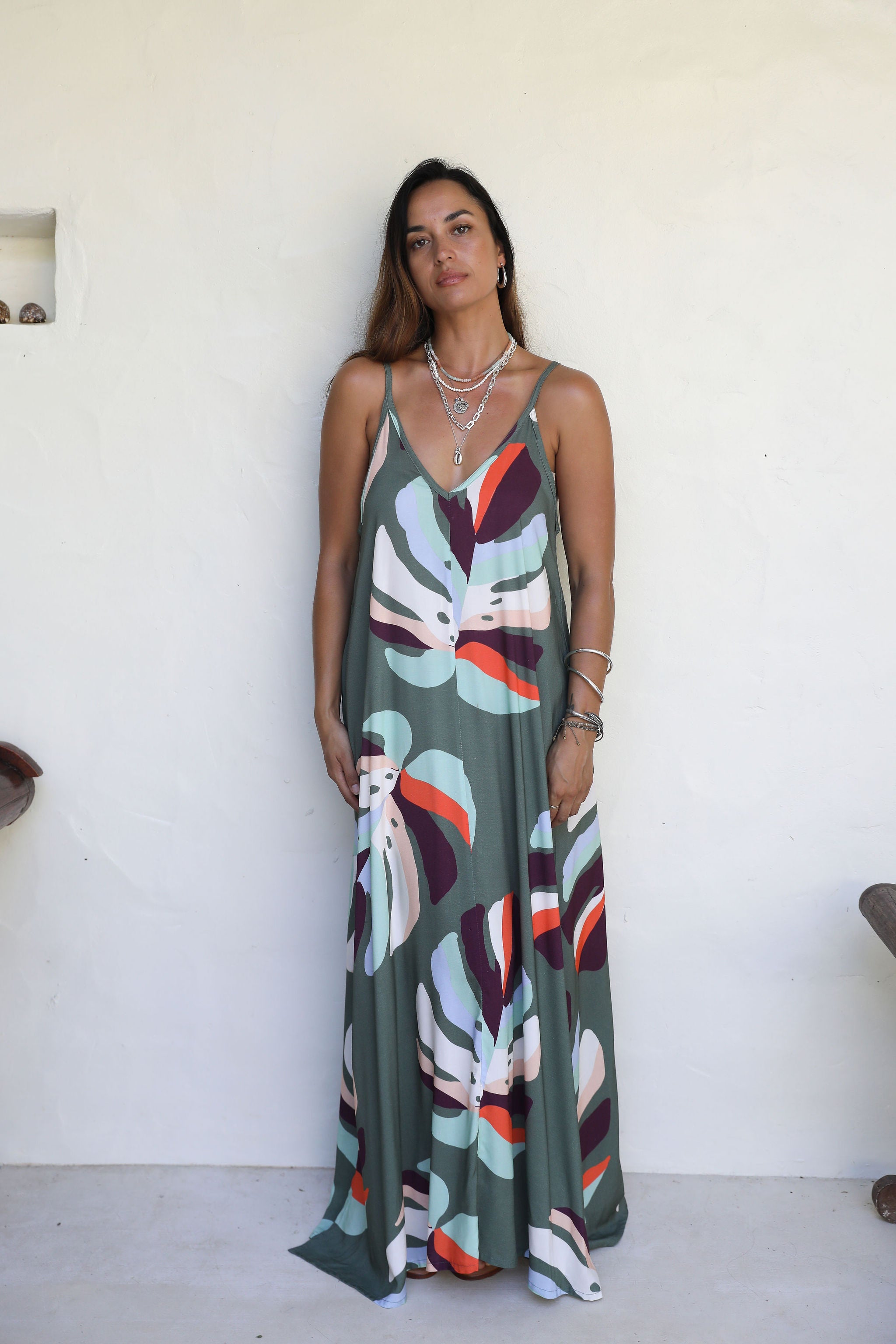 Khaki Te Au Monstera Maria Maxi Dress