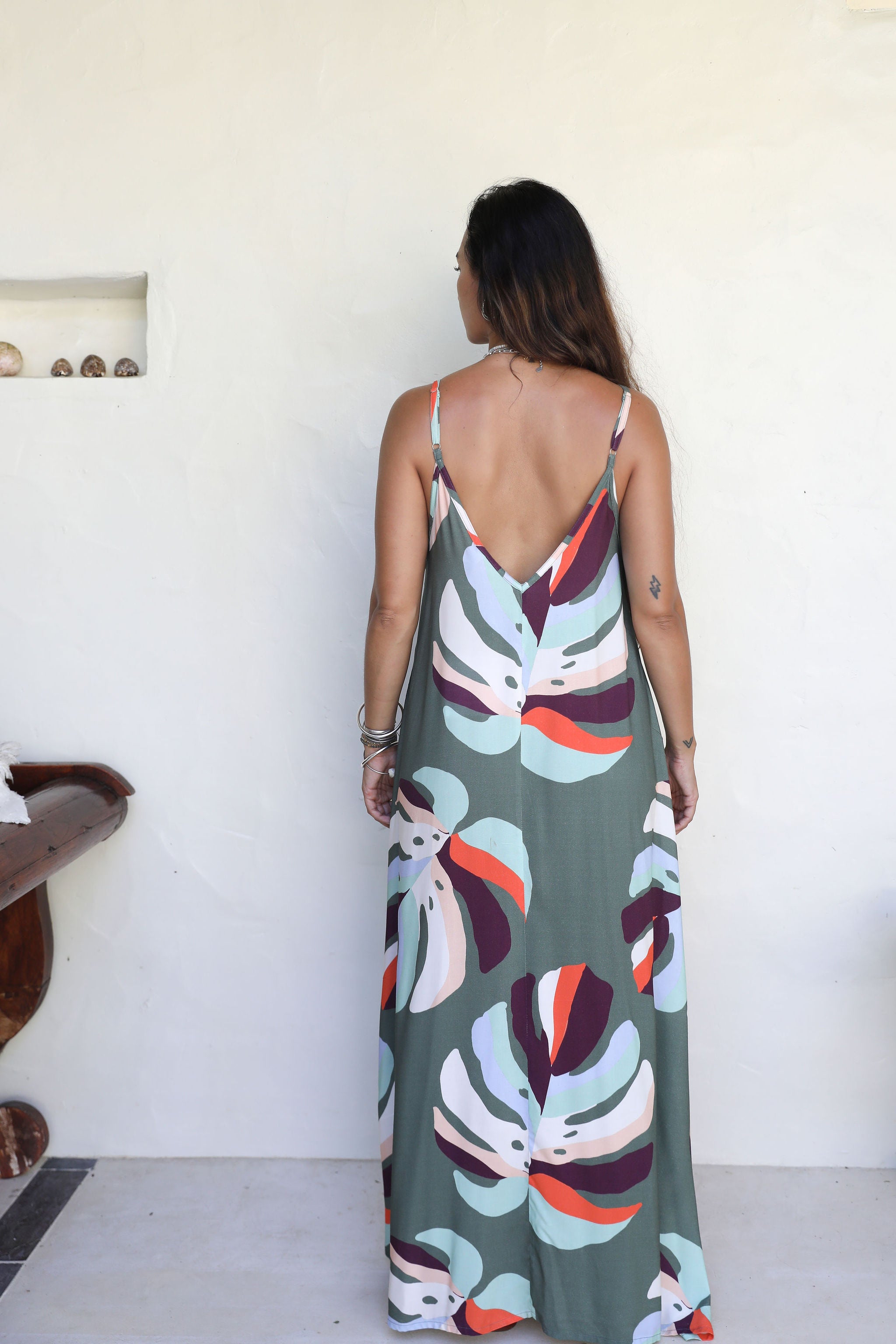 Khaki Te Au Monstera Maria Maxi Dress