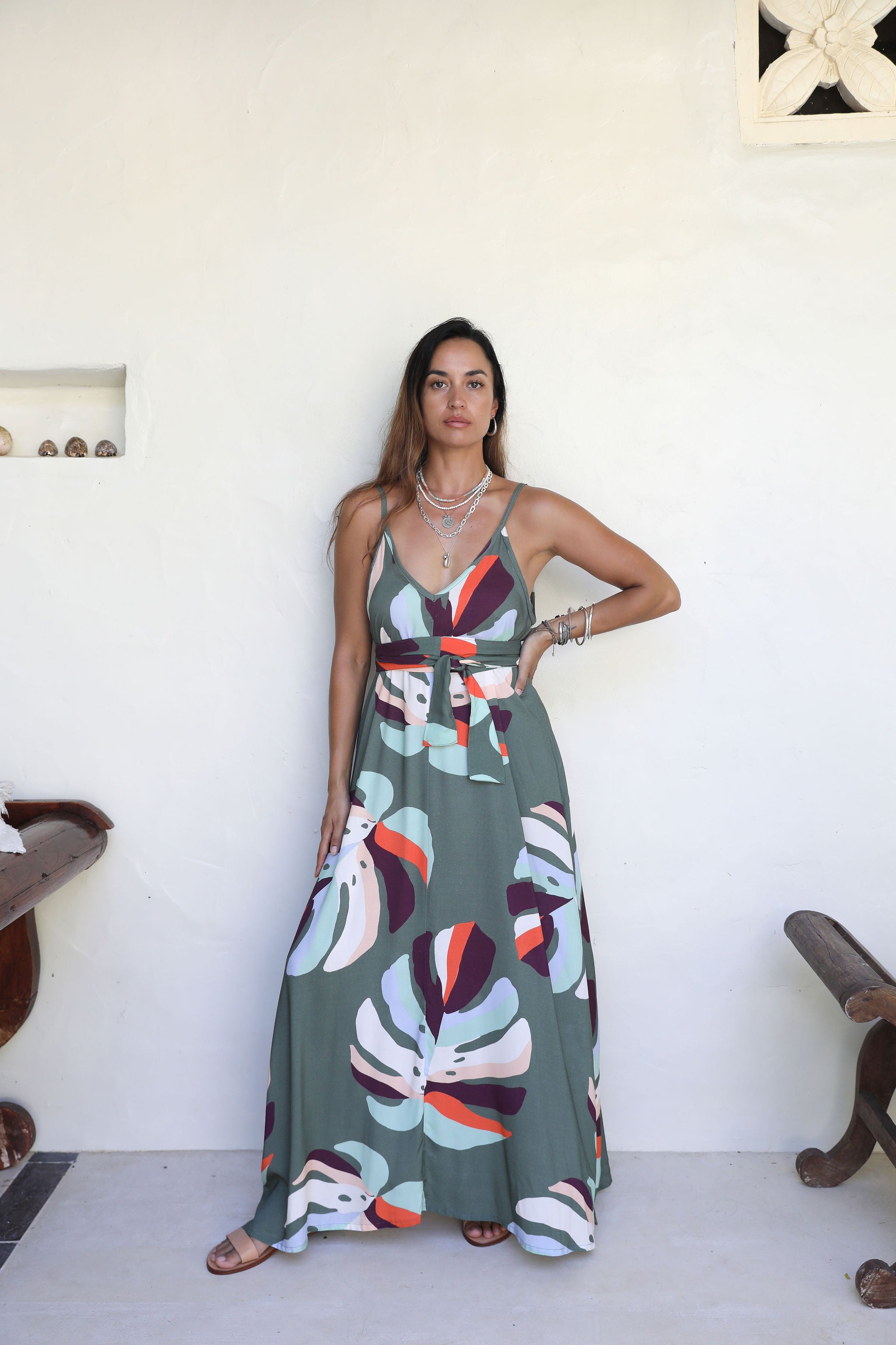 Khaki Te Au Monstera Maria Maxi Dress
