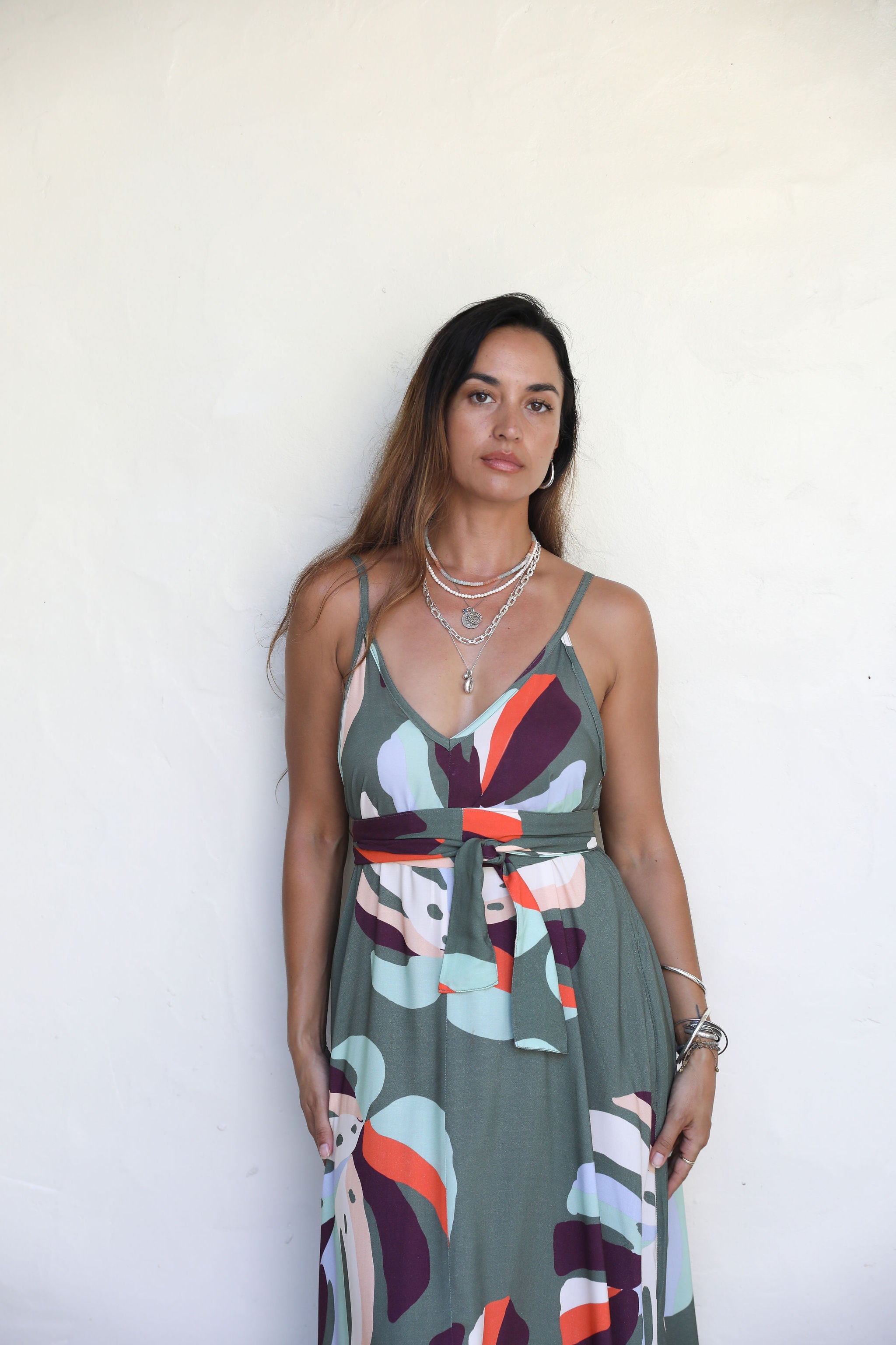 Khaki Te Au Monstera Maria Maxi Dress