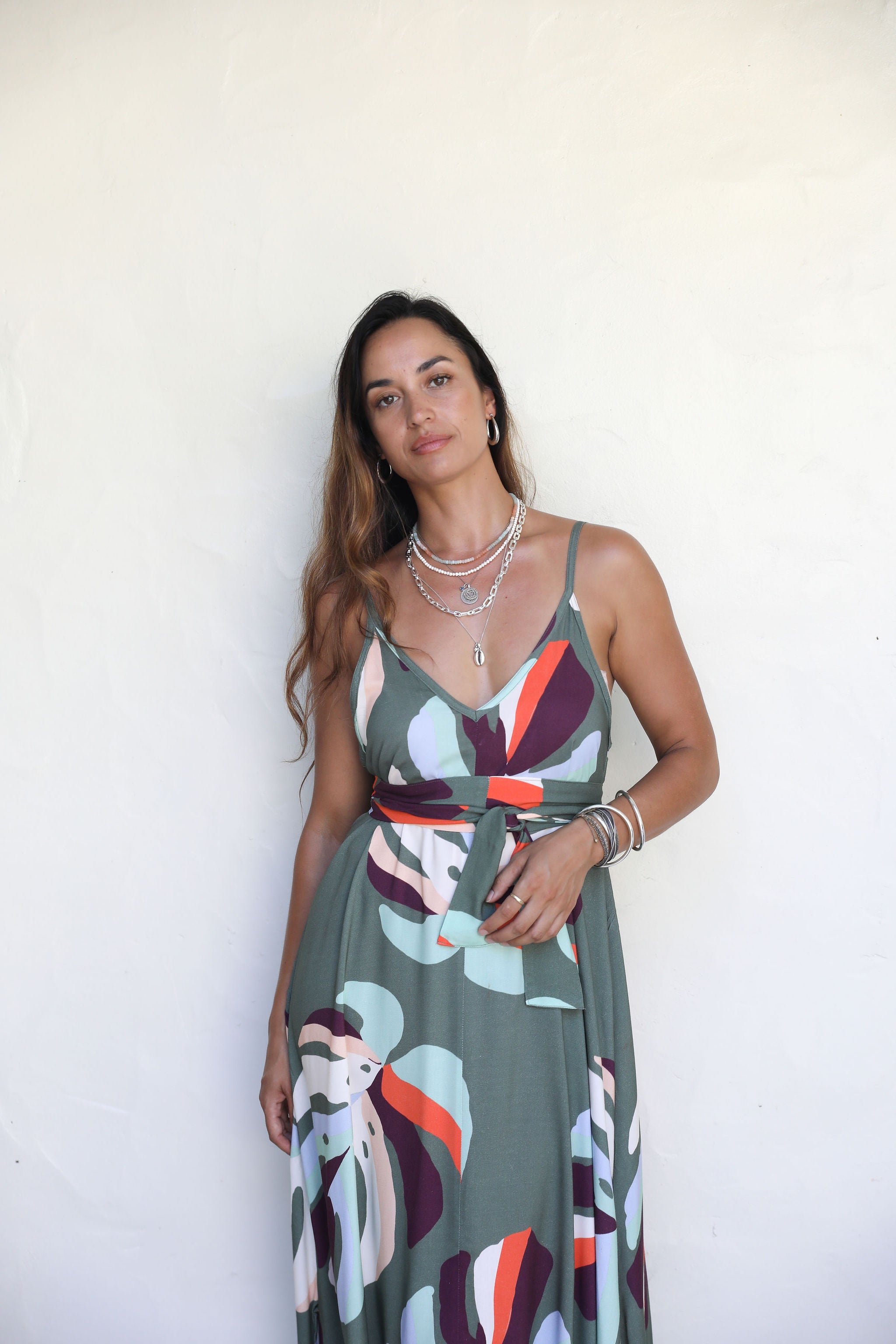 Khaki Te Au Monstera Maria Maxi Dress