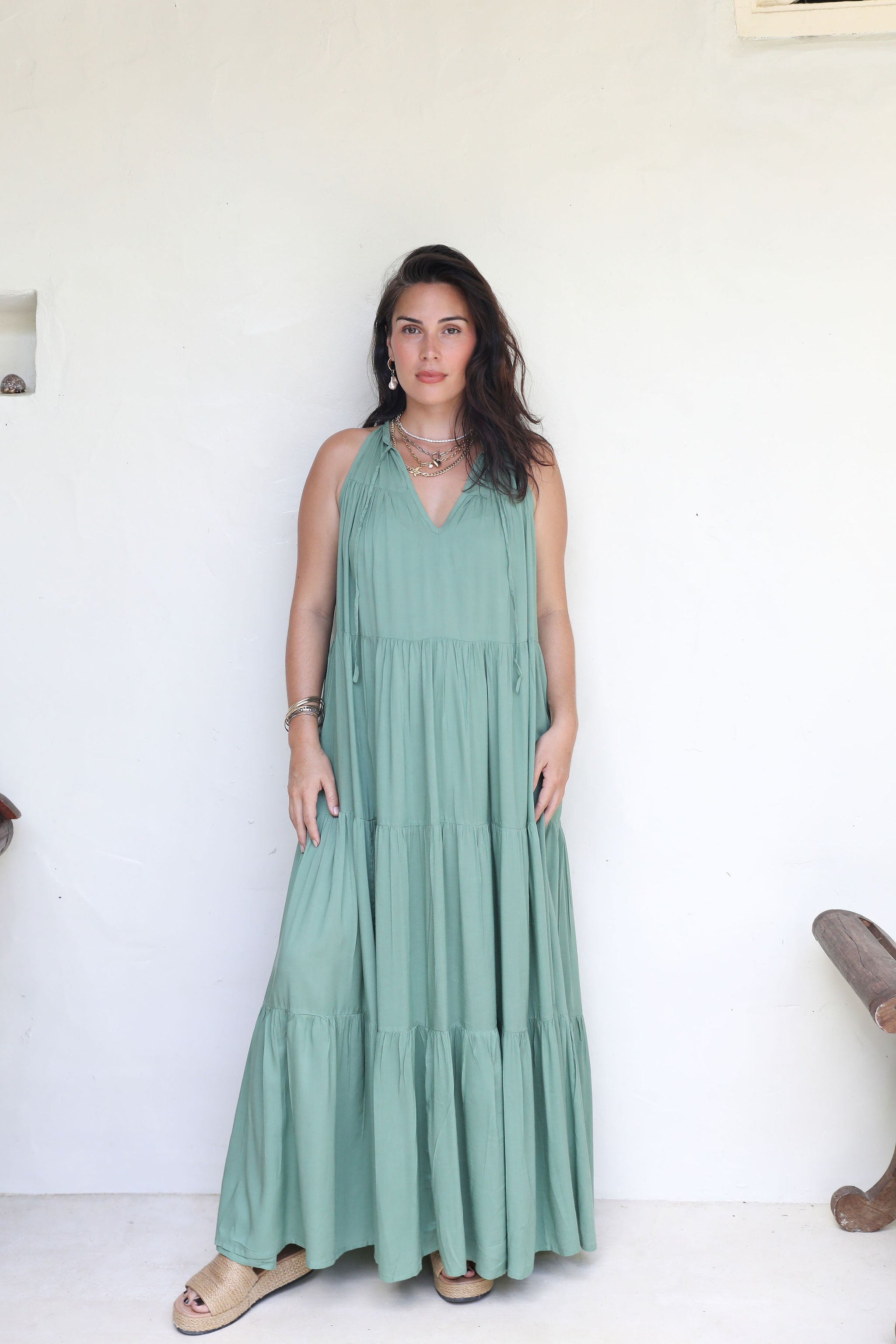 Palm Green Long Tiered Maxi Dress