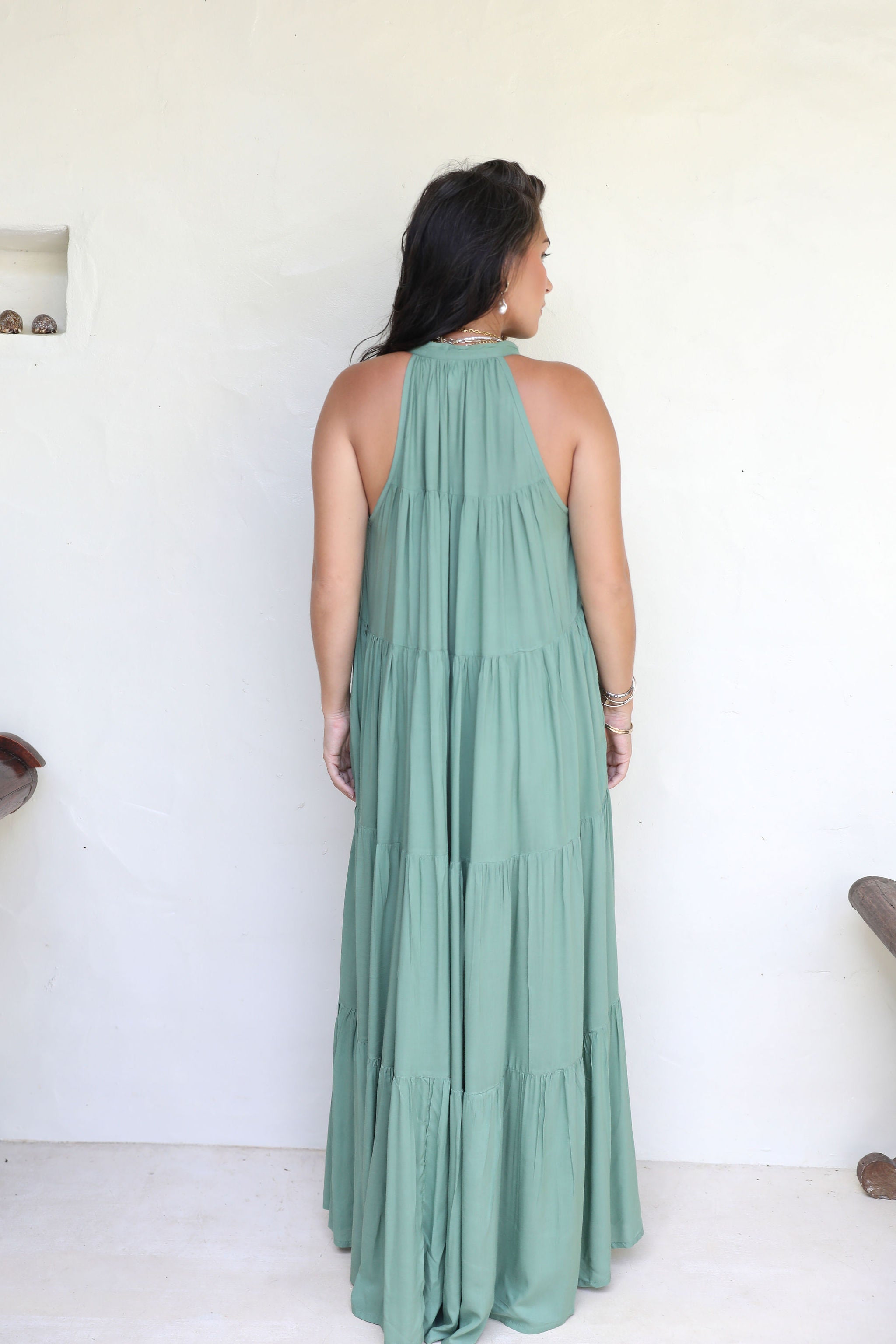 Palm Green Long Tiered Maxi Dress