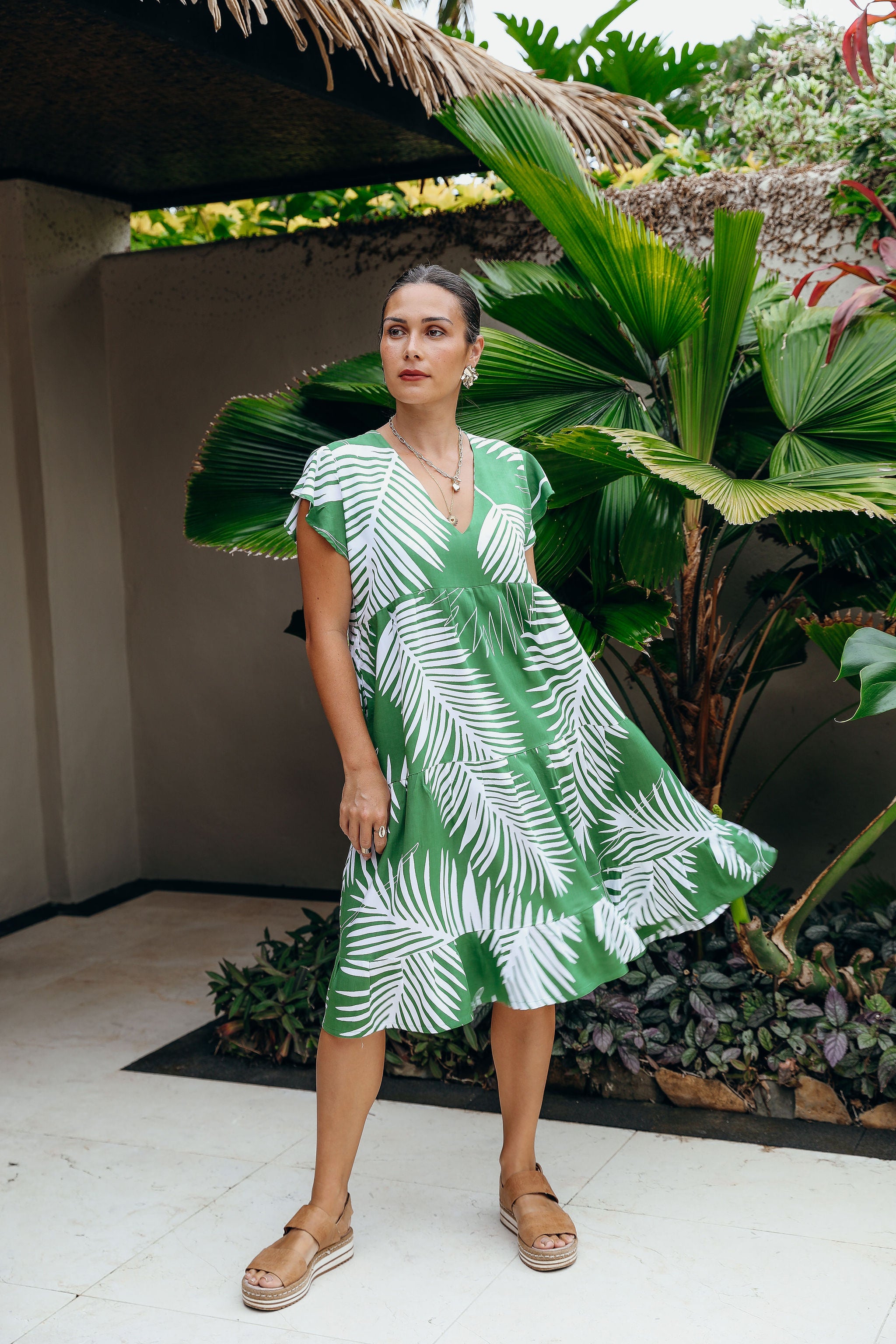 Kale White Fern Tia V Neck Dress